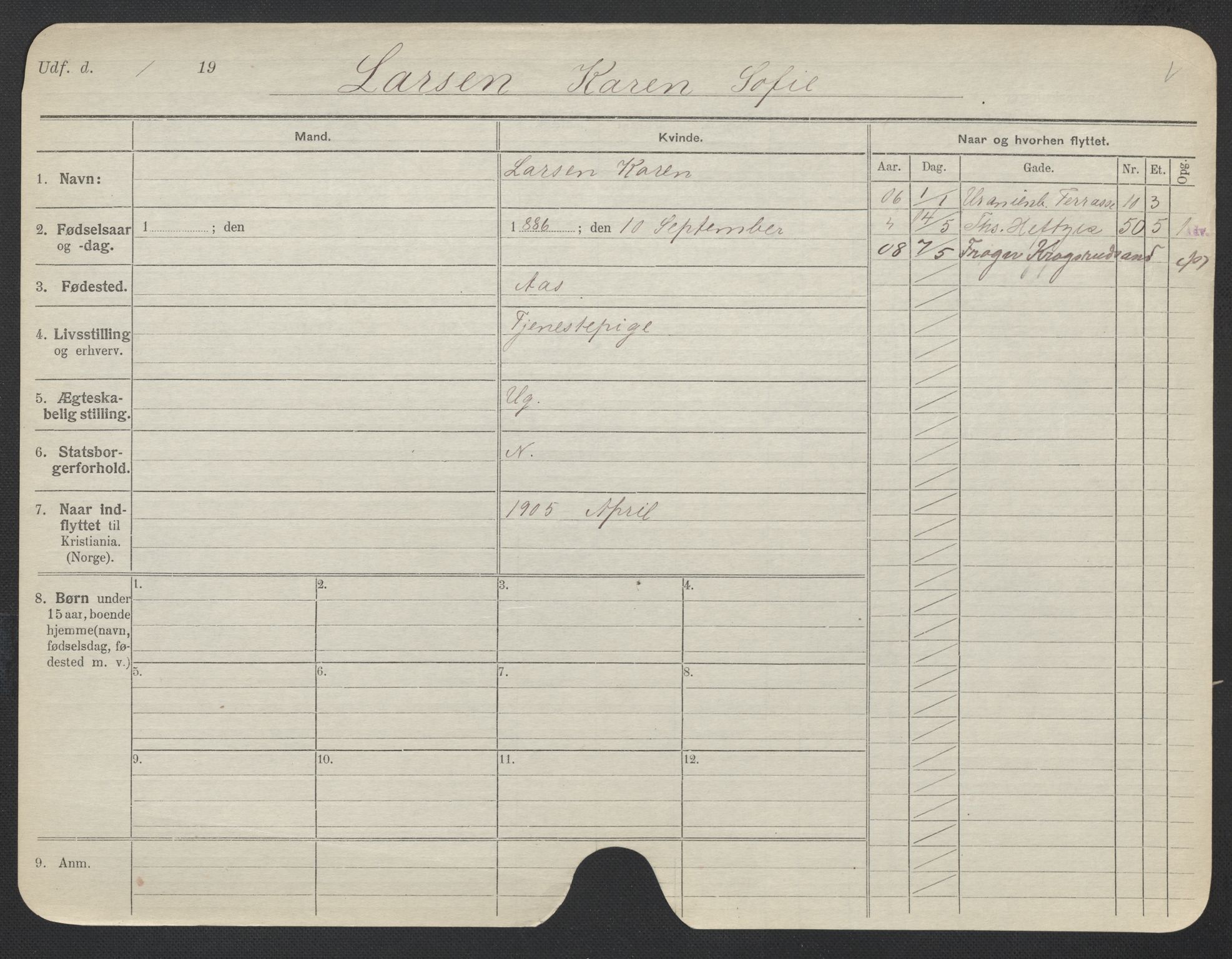 Oslo folkeregister, Registerkort, AV/SAO-A-11715/F/Fa/Fac/L0019: Kvinner, 1906-1914, p. 994a