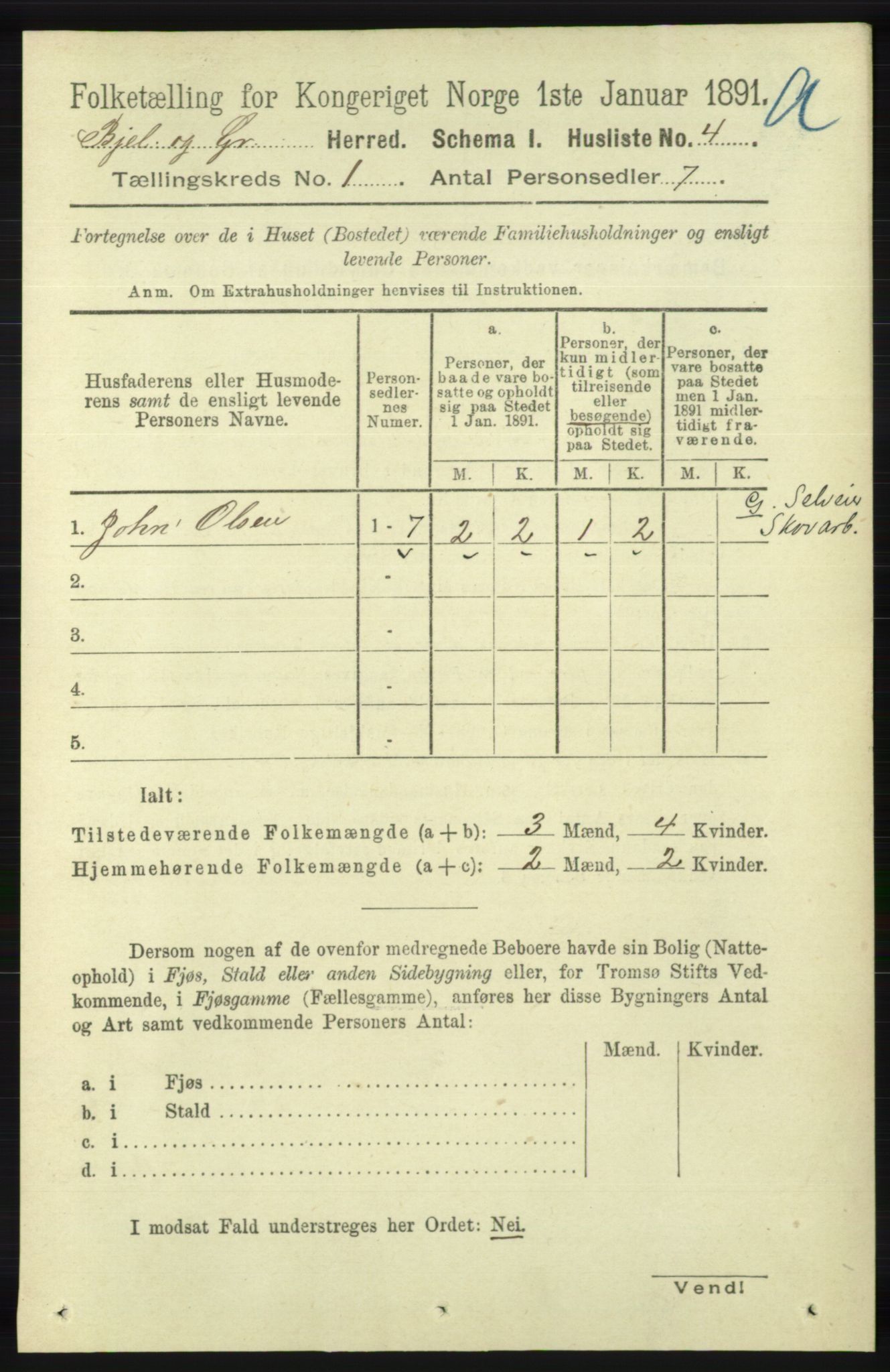 RA, 1891 census for 1024 Bjelland og Grindheim, 1891, p. 25