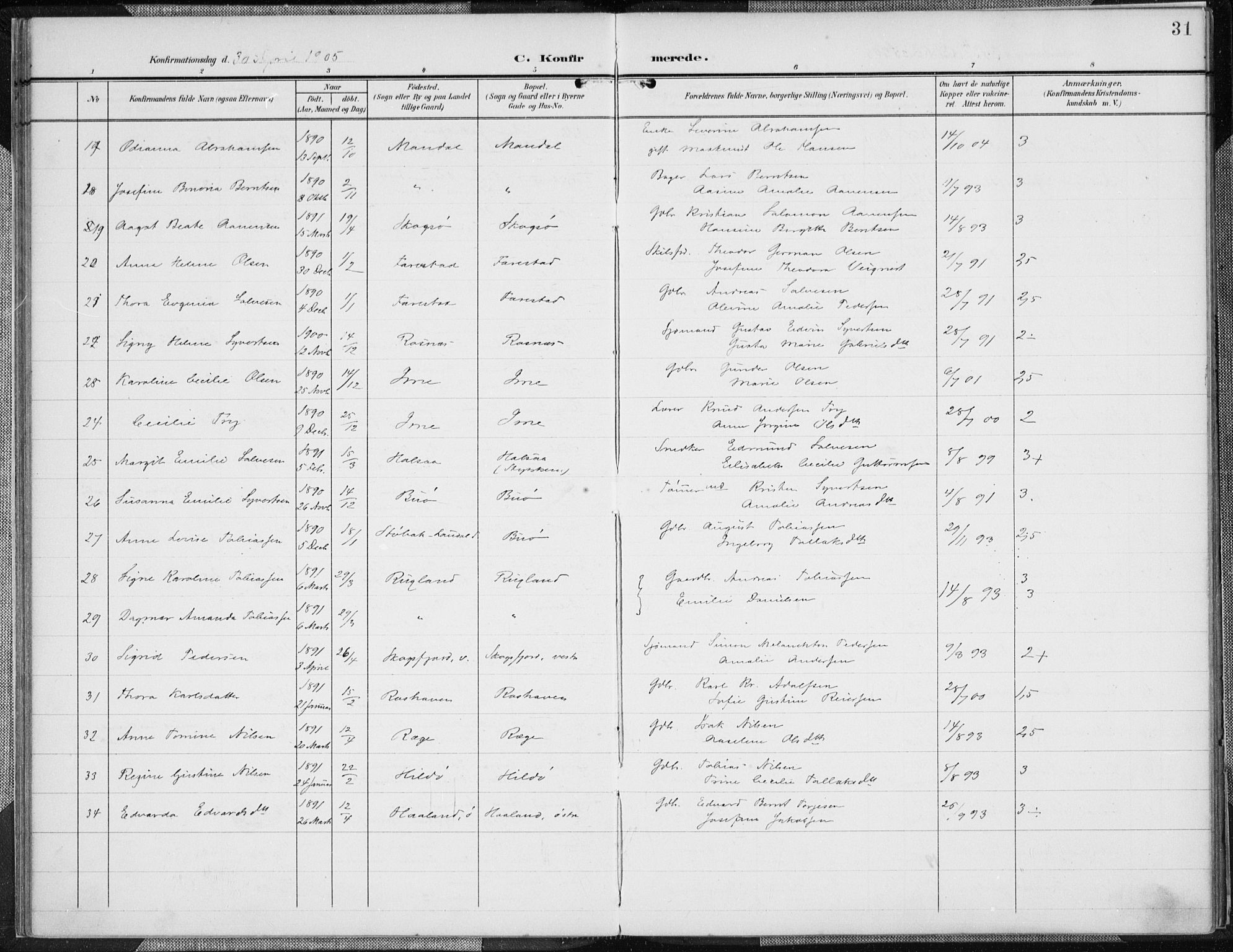 Mandal sokneprestkontor, AV/SAK-1111-0030/F/Fa/Faa/L0019: Parish register (official) no. A 19, 1902-1912, p. 31