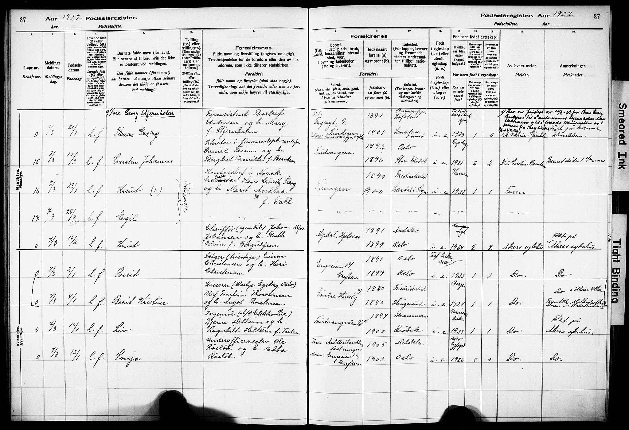 Vestre Aker prestekontor Kirkebøker, AV/SAO-A-10025/J/Ja/L0003: Birth register no. 3, 1926-1930, p. 37