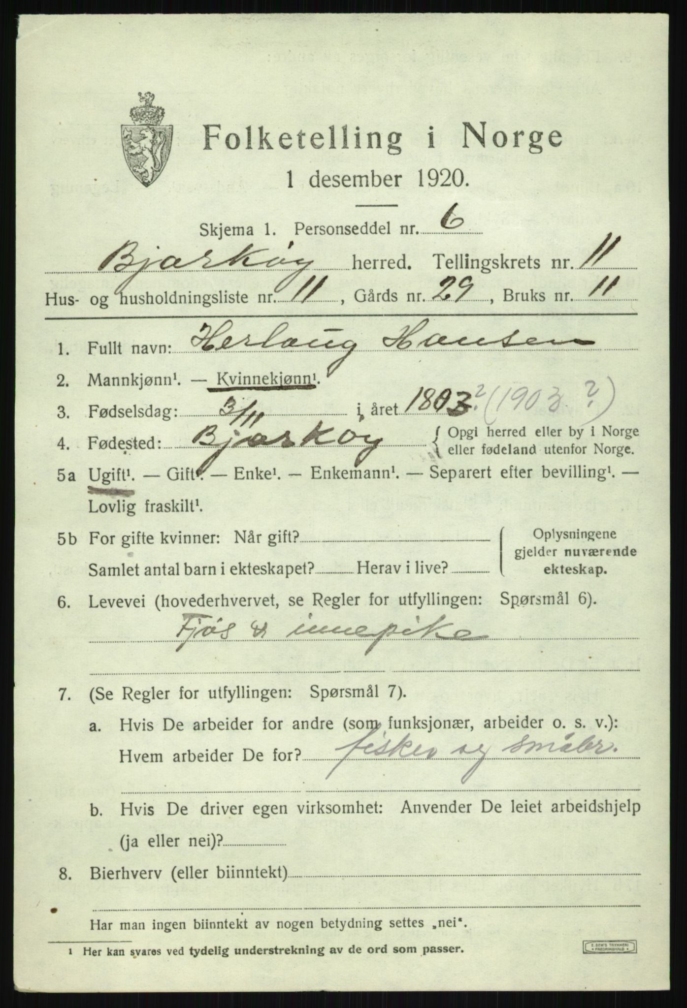 SATØ, 1920 census for Bjarkøy, 1920, p. 4409