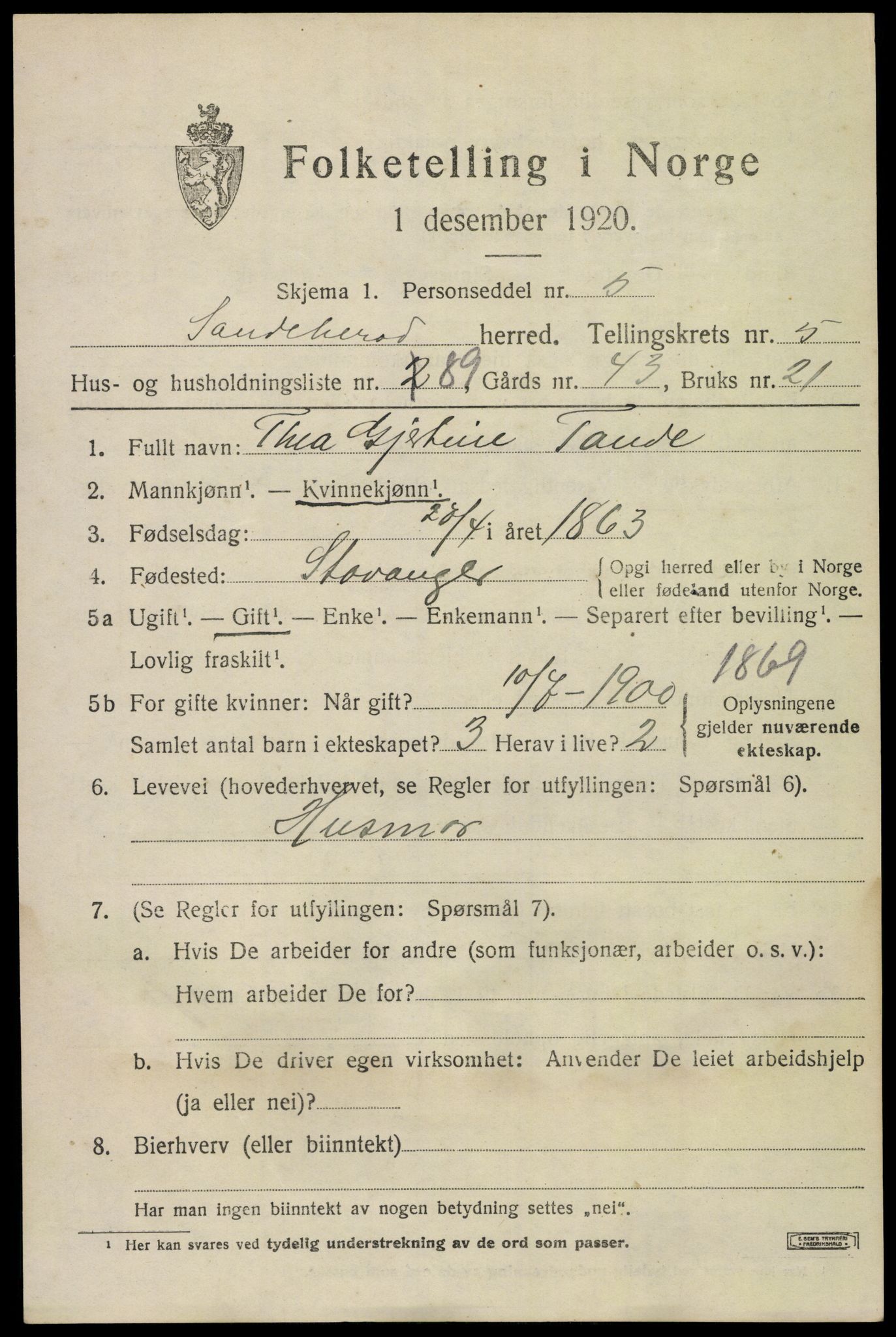 SAKO, 1920 census for Sandeherred, 1920, p. 9254