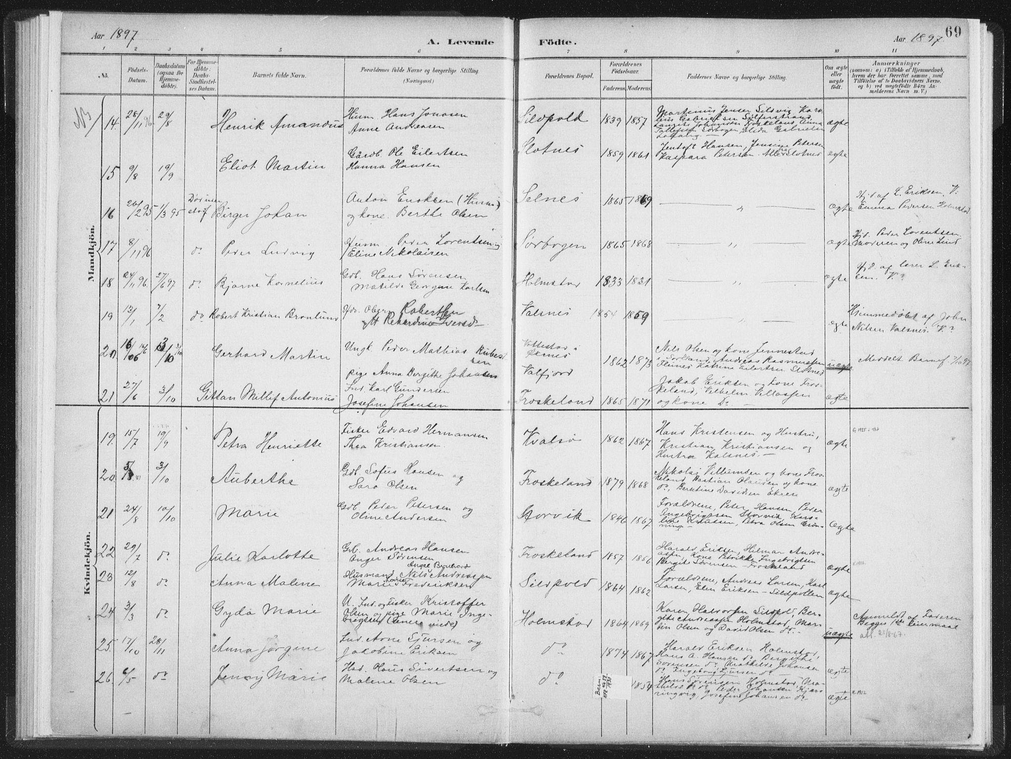 Ministerialprotokoller, klokkerbøker og fødselsregistre - Nordland, AV/SAT-A-1459/890/L1286: Parish register (official) no. 890A01, 1882-1902, p. 69