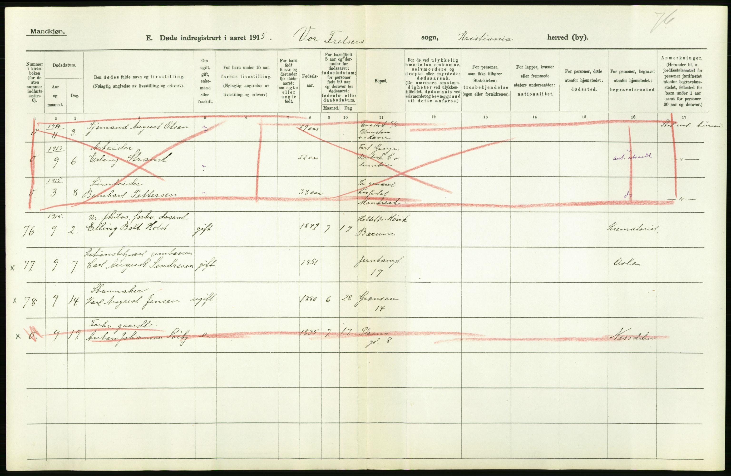 Statistisk sentralbyrå, Sosiodemografiske emner, Befolkning, AV/RA-S-2228/D/Df/Dfb/Dfbe/L0009: Kristiania: Døde., 1915, p. 116