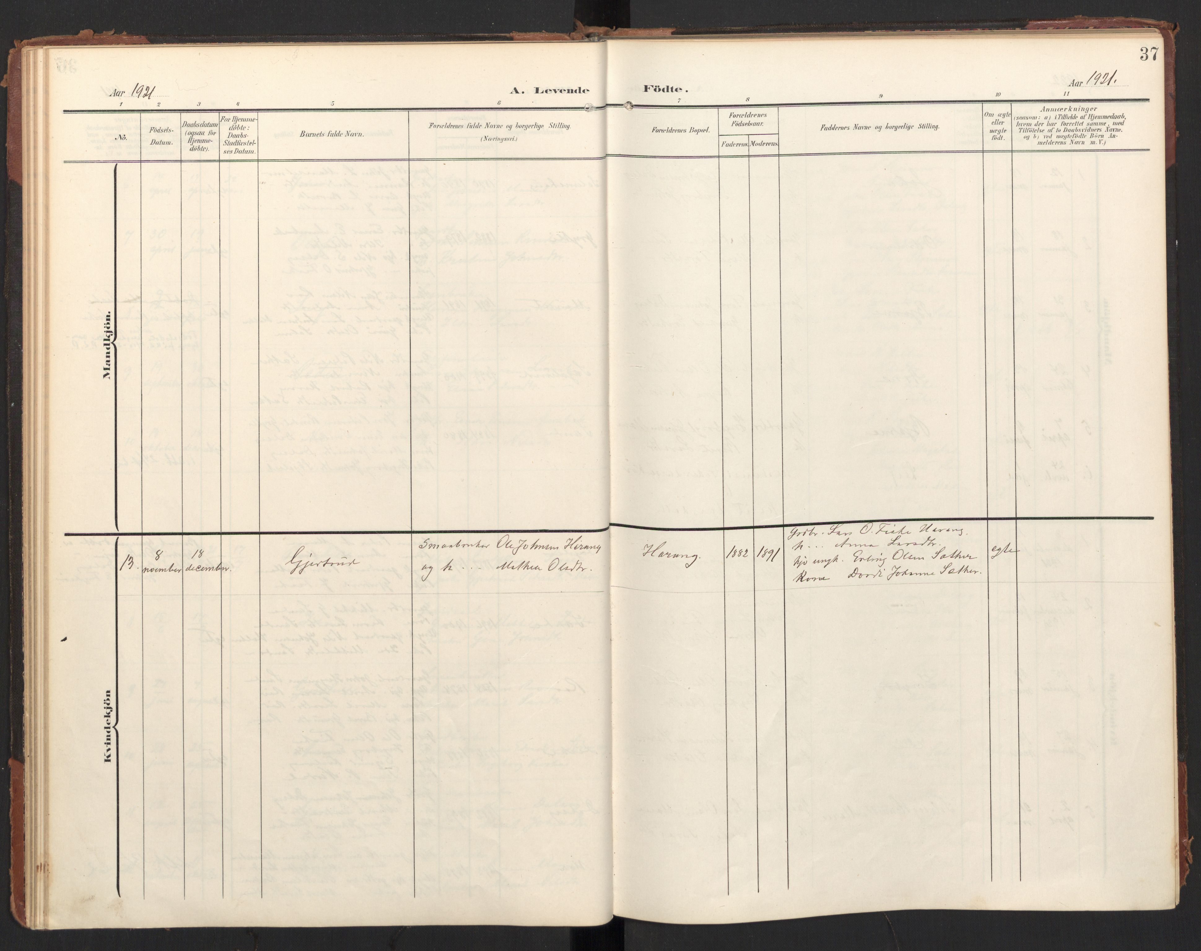 Ministerialprotokoller, klokkerbøker og fødselsregistre - Møre og Romsdal, AV/SAT-A-1454/597/L1063: Parish register (official) no. 597A02, 1905-1923, p. 37