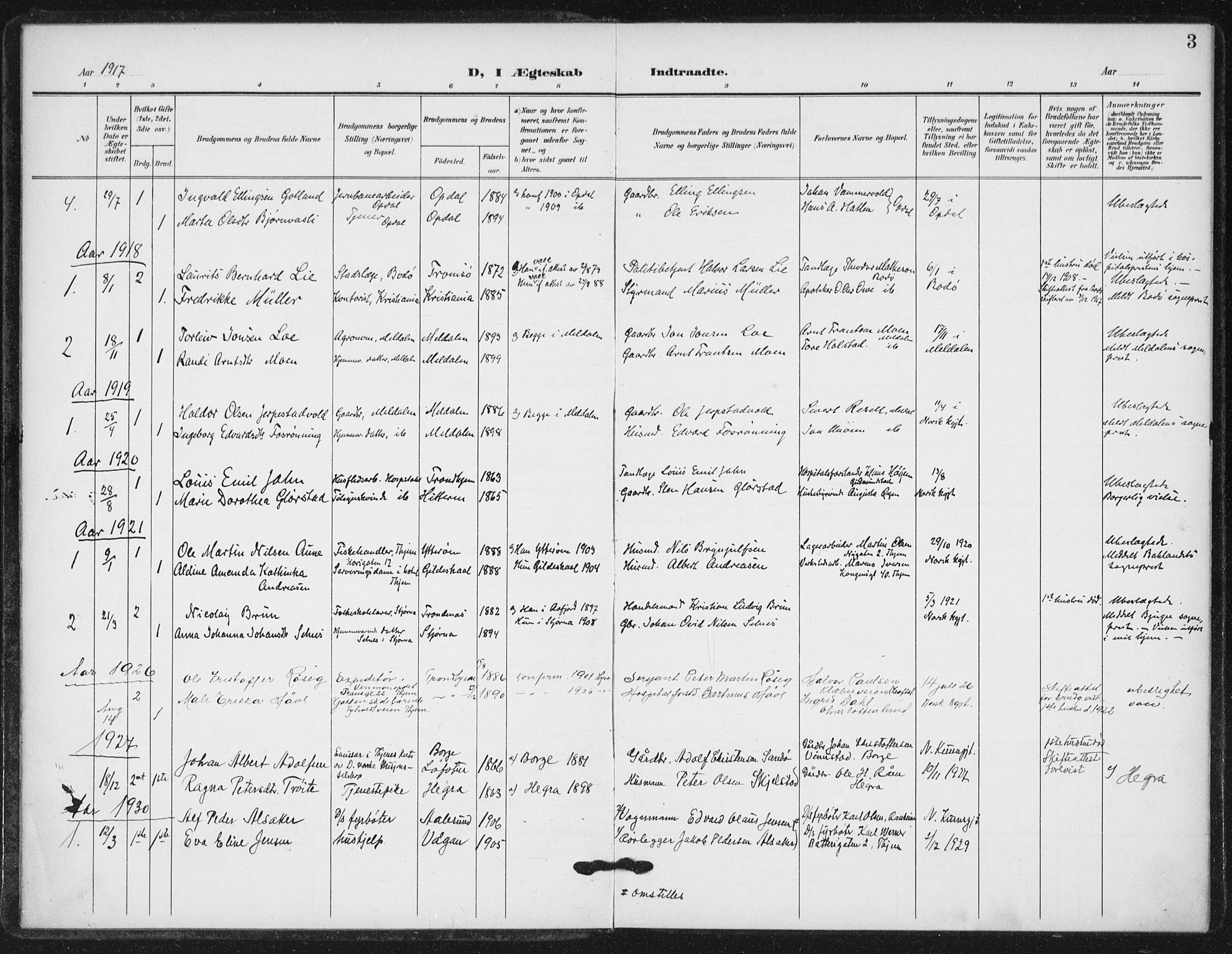 Ministerialprotokoller, klokkerbøker og fødselsregistre - Sør-Trøndelag, SAT/A-1456/623/L0472: Parish register (official) no. 623A06, 1907-1938, p. 3