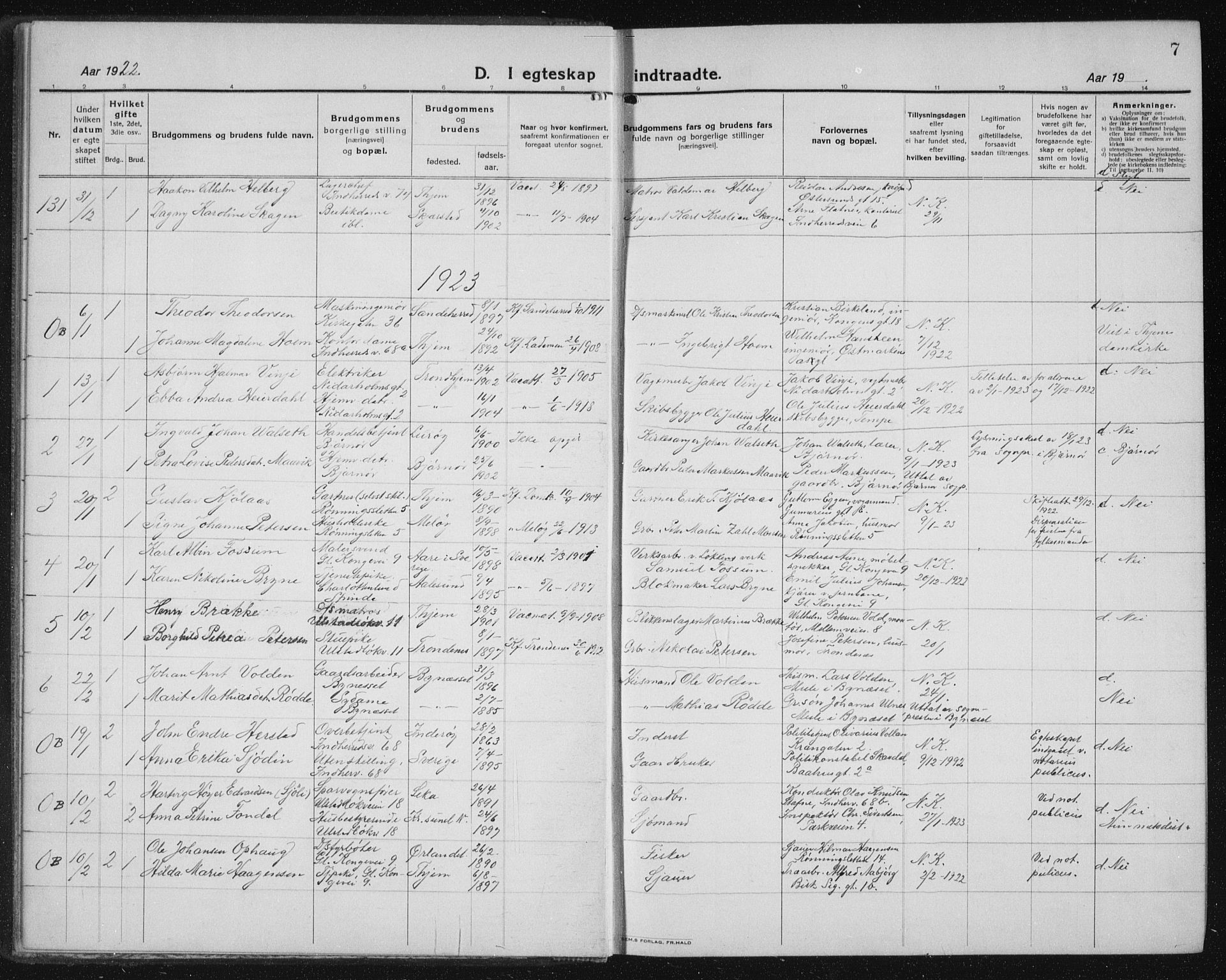 Ministerialprotokoller, klokkerbøker og fødselsregistre - Sør-Trøndelag, SAT/A-1456/605/L0260: Parish register (copy) no. 605C07, 1922-1942, p. 7