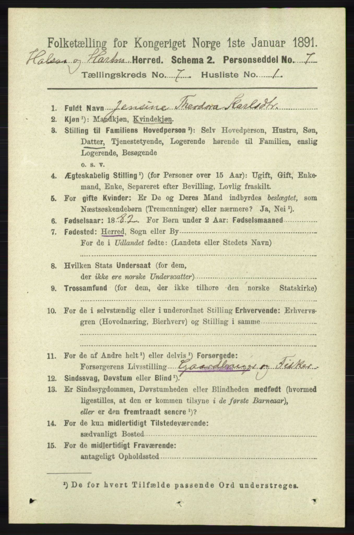 RA, 1891 census for 1019 Halse og Harkmark, 1891, p. 2749