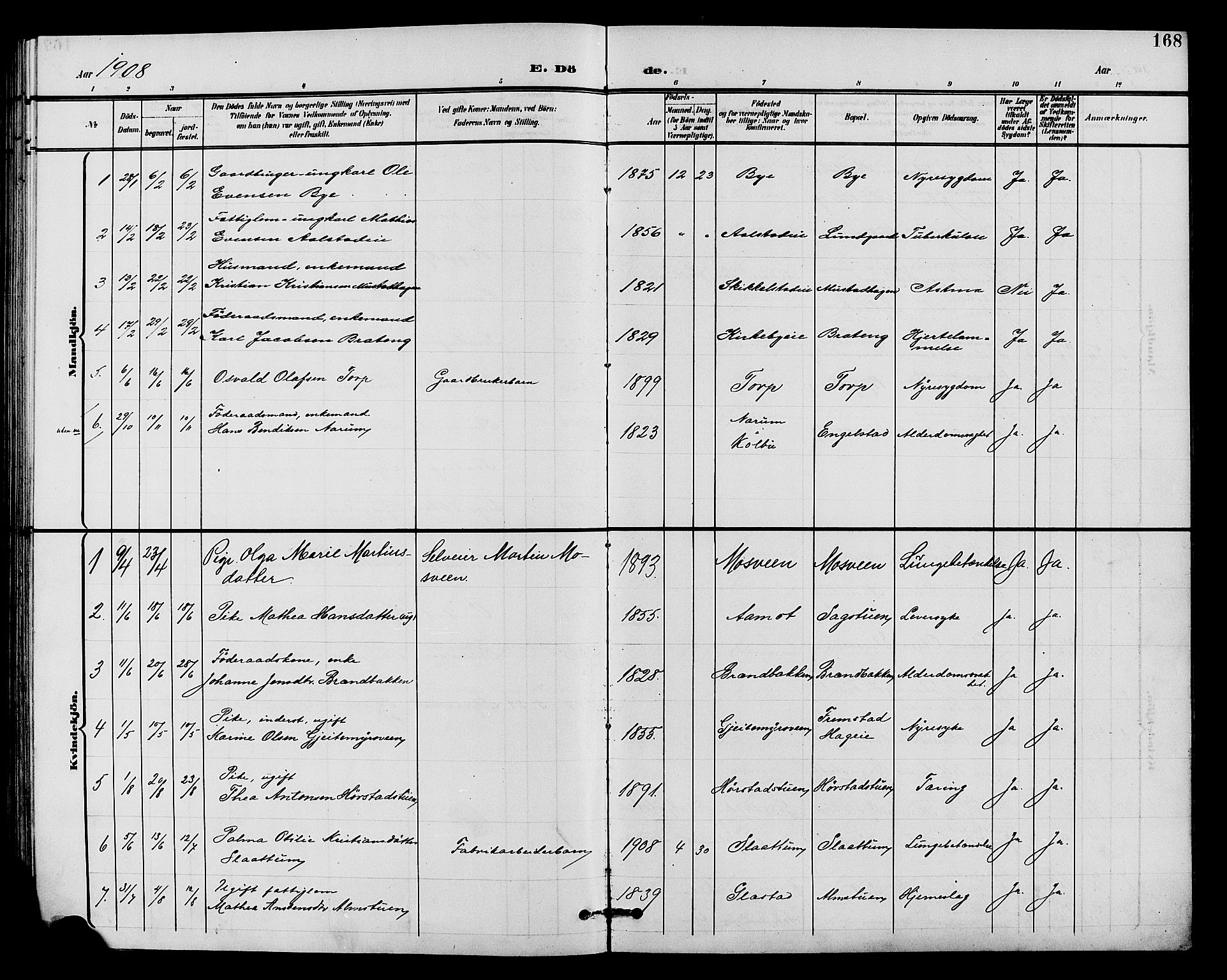 Vardal prestekontor, SAH/PREST-100/H/Ha/Hab/L0011: Parish register (copy) no. 11, 1899-1913, p. 168
