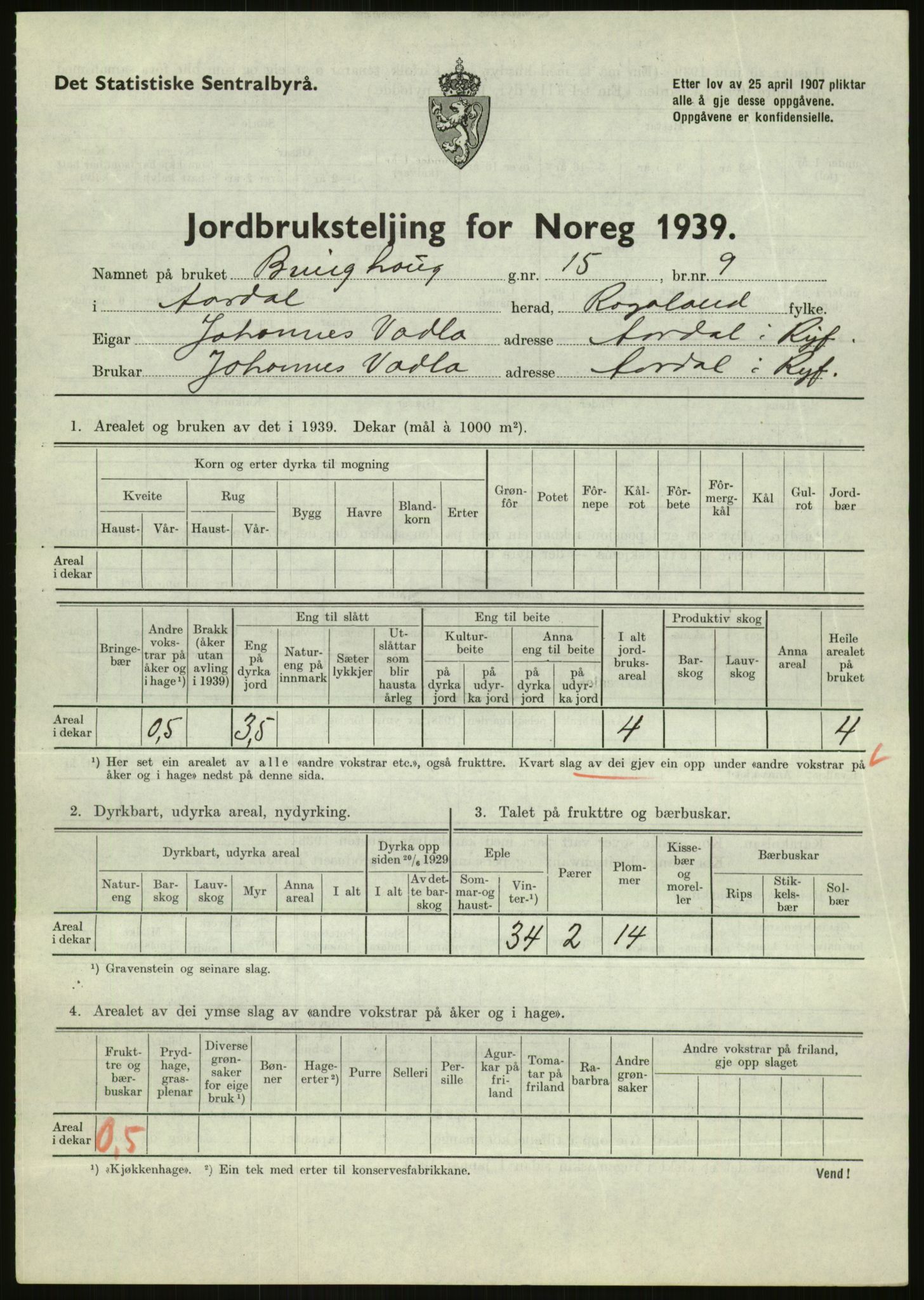 Statistisk sentralbyrå, Næringsøkonomiske emner, Jordbruk, skogbruk, jakt, fiske og fangst, AV/RA-S-2234/G/Gb/L0184: Rogaland: Årdal, Fister og Hjelmeland, 1939, p. 453