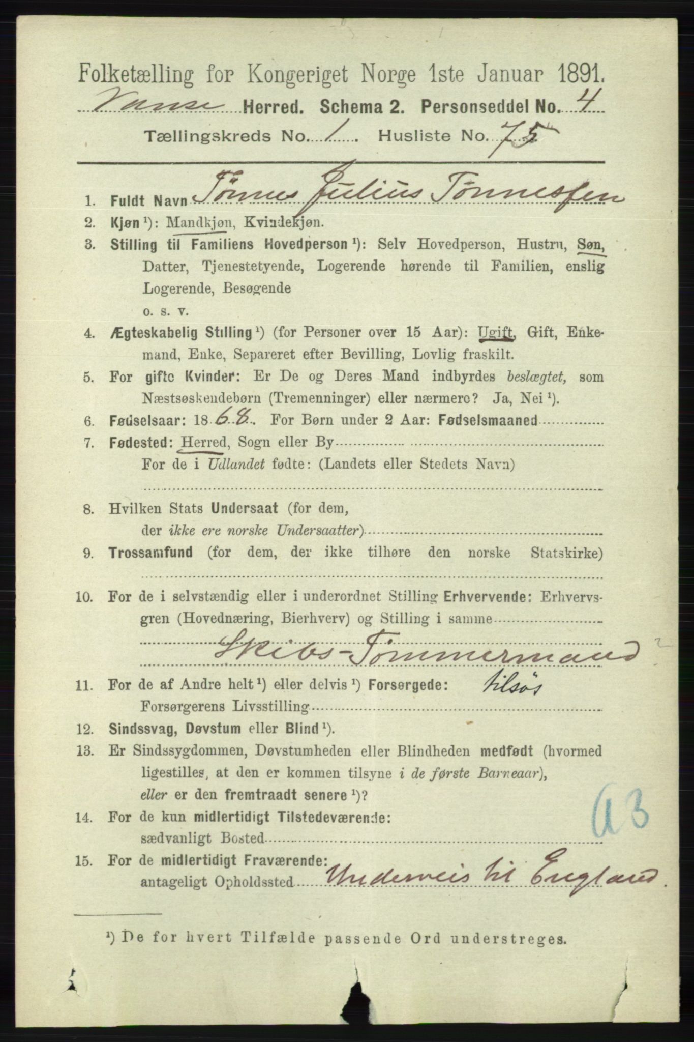 RA, 1891 census for 1041 Vanse, 1891, p. 461