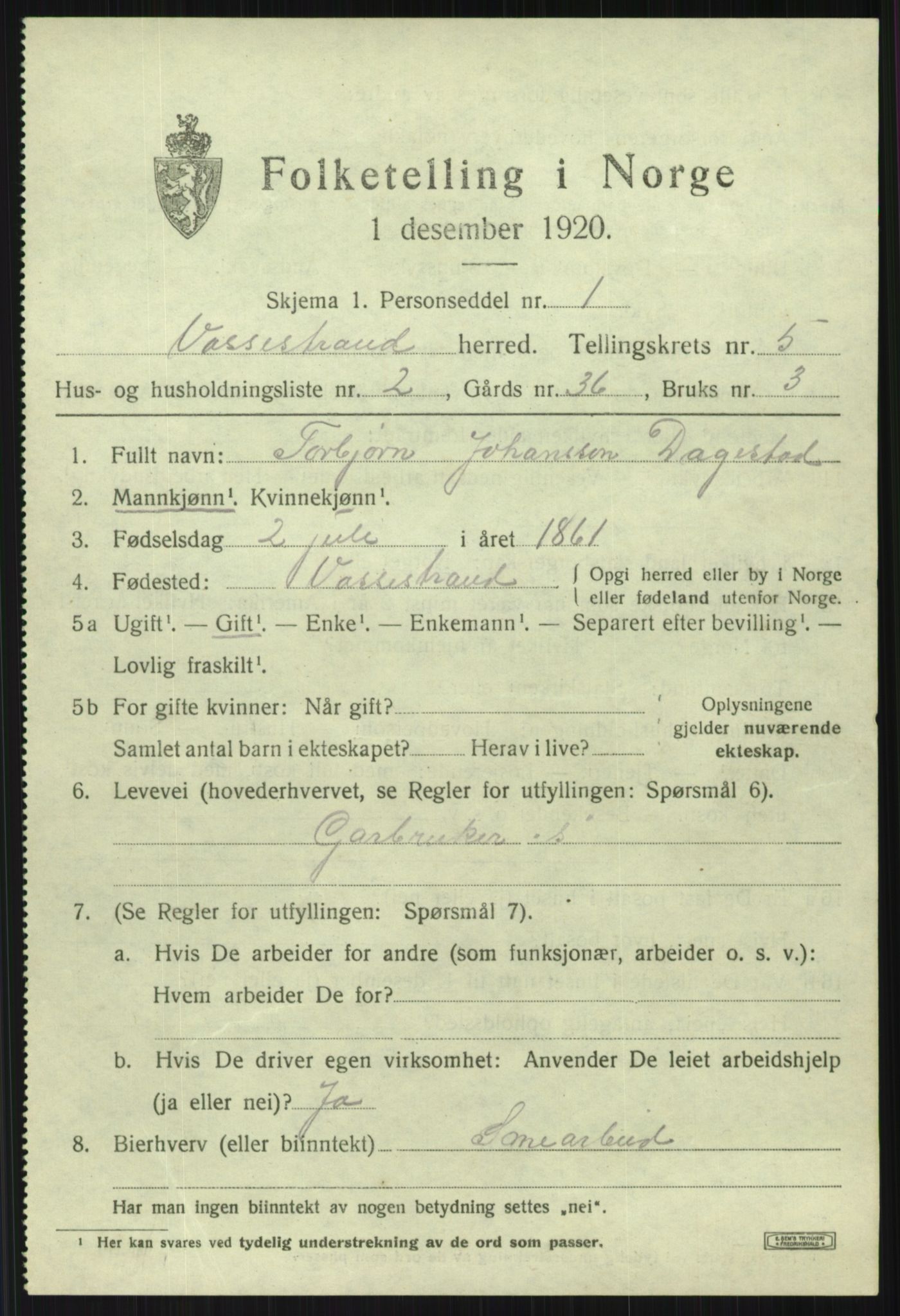 SAB, 1920 census for Vossestrand, 1920, p. 2376