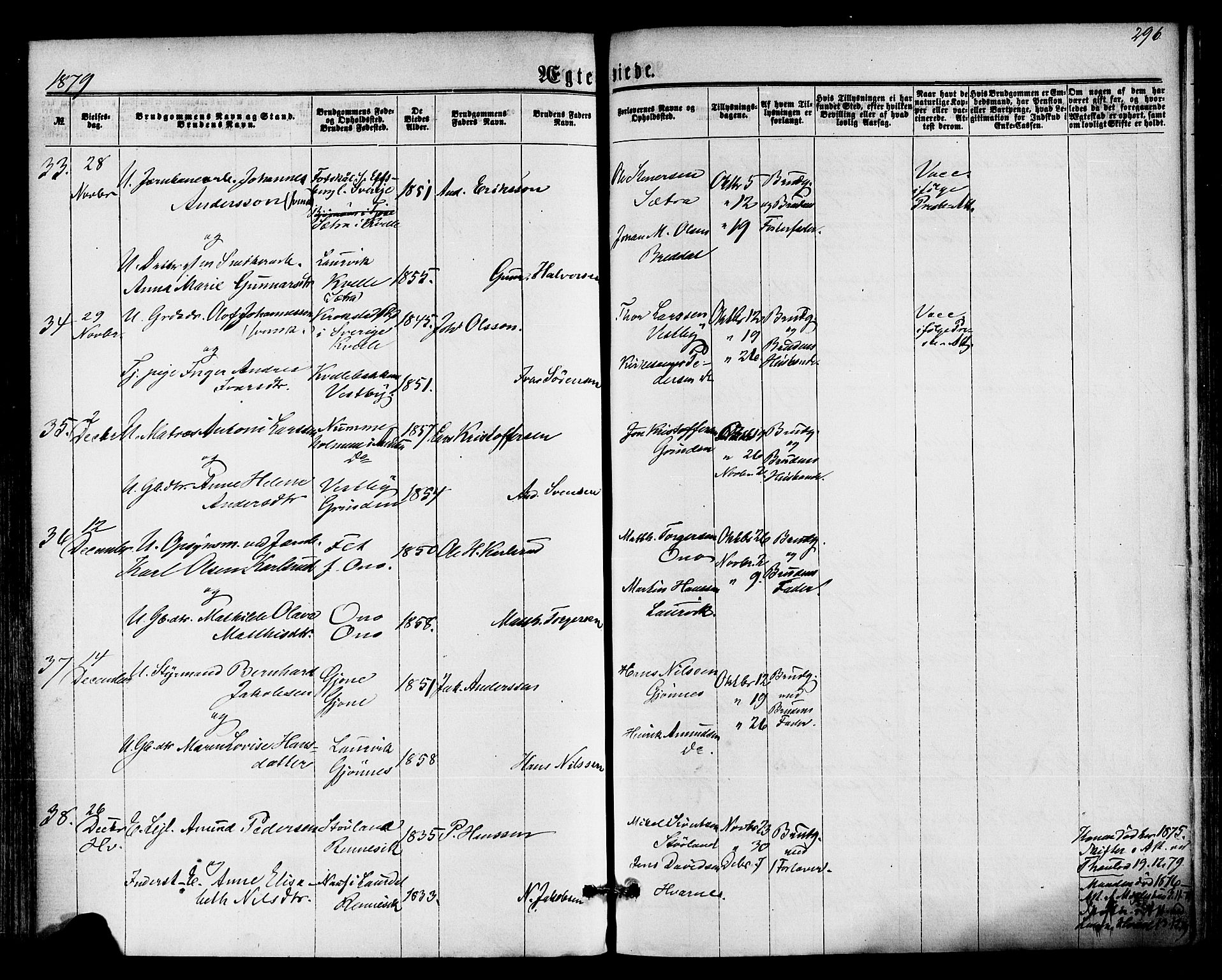 Hedrum kirkebøker, AV/SAKO-A-344/F/Fa/L0008: Parish register (official) no. I 8, 1869-1880, p. 296