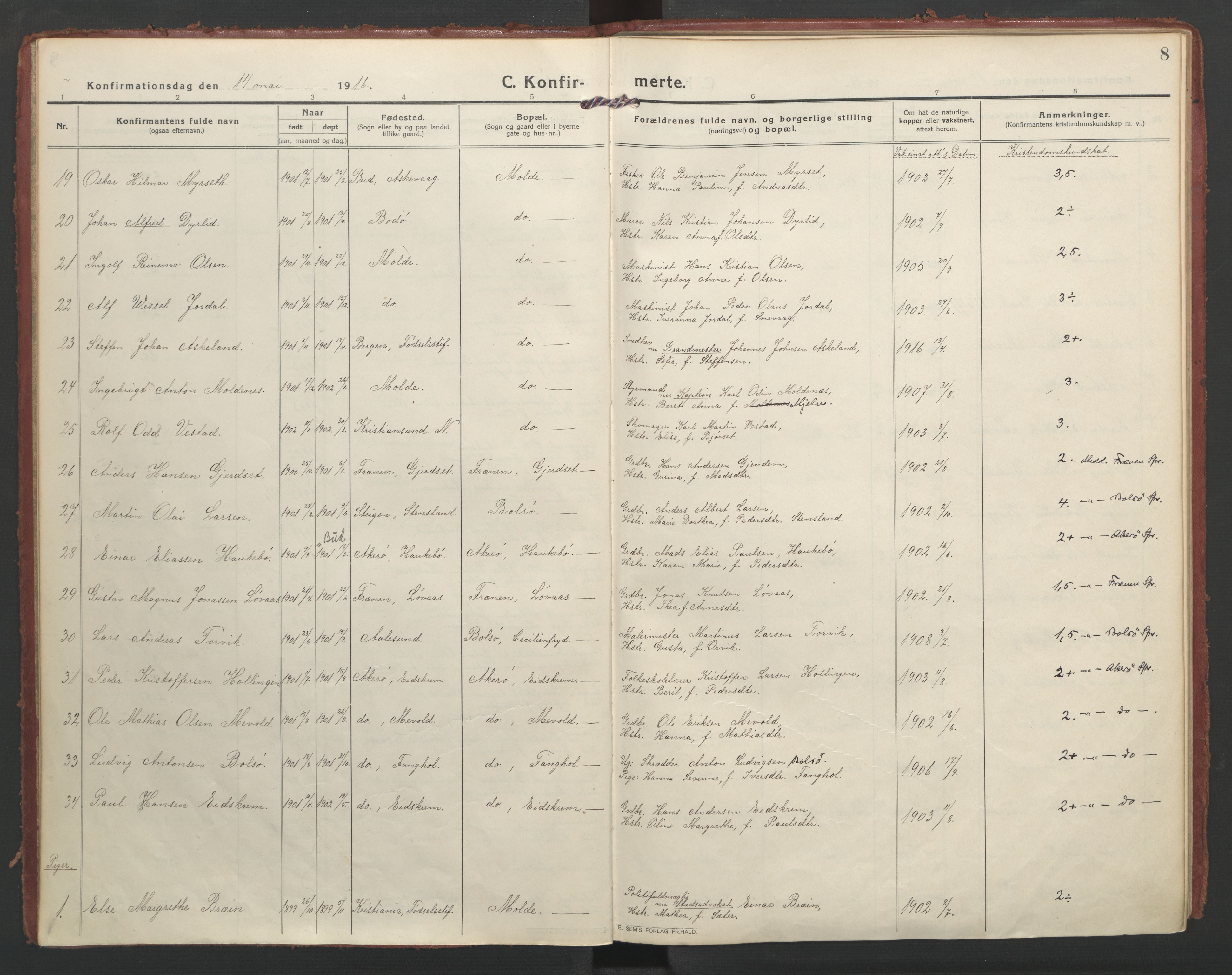 Ministerialprotokoller, klokkerbøker og fødselsregistre - Møre og Romsdal, AV/SAT-A-1454/558/L0695: Parish register (official) no. 558A09, 1915-1942, p. 8