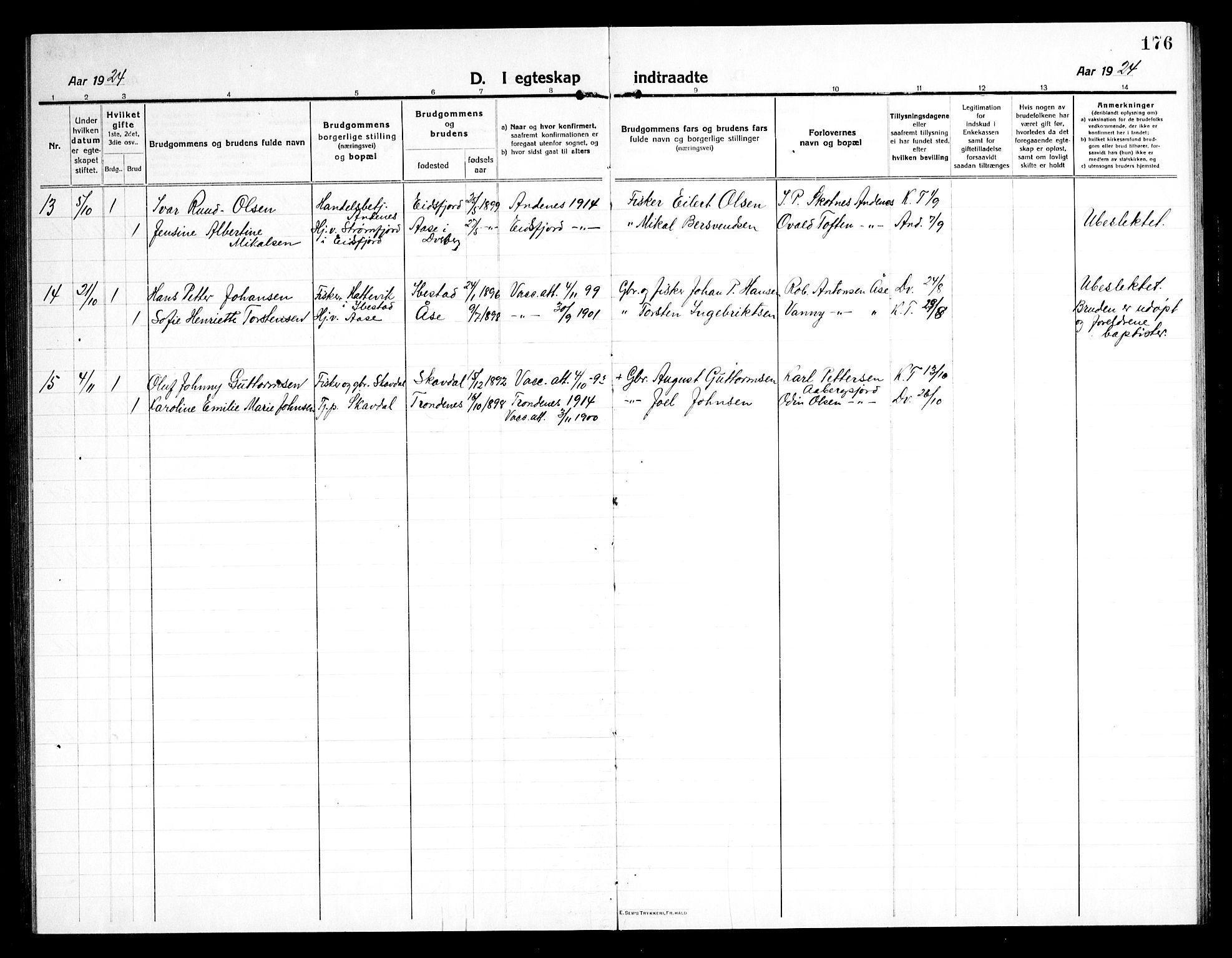 Ministerialprotokoller, klokkerbøker og fødselsregistre - Nordland, AV/SAT-A-1459/897/L1415: Parish register (copy) no. 897C05, 1916-1945, p. 176