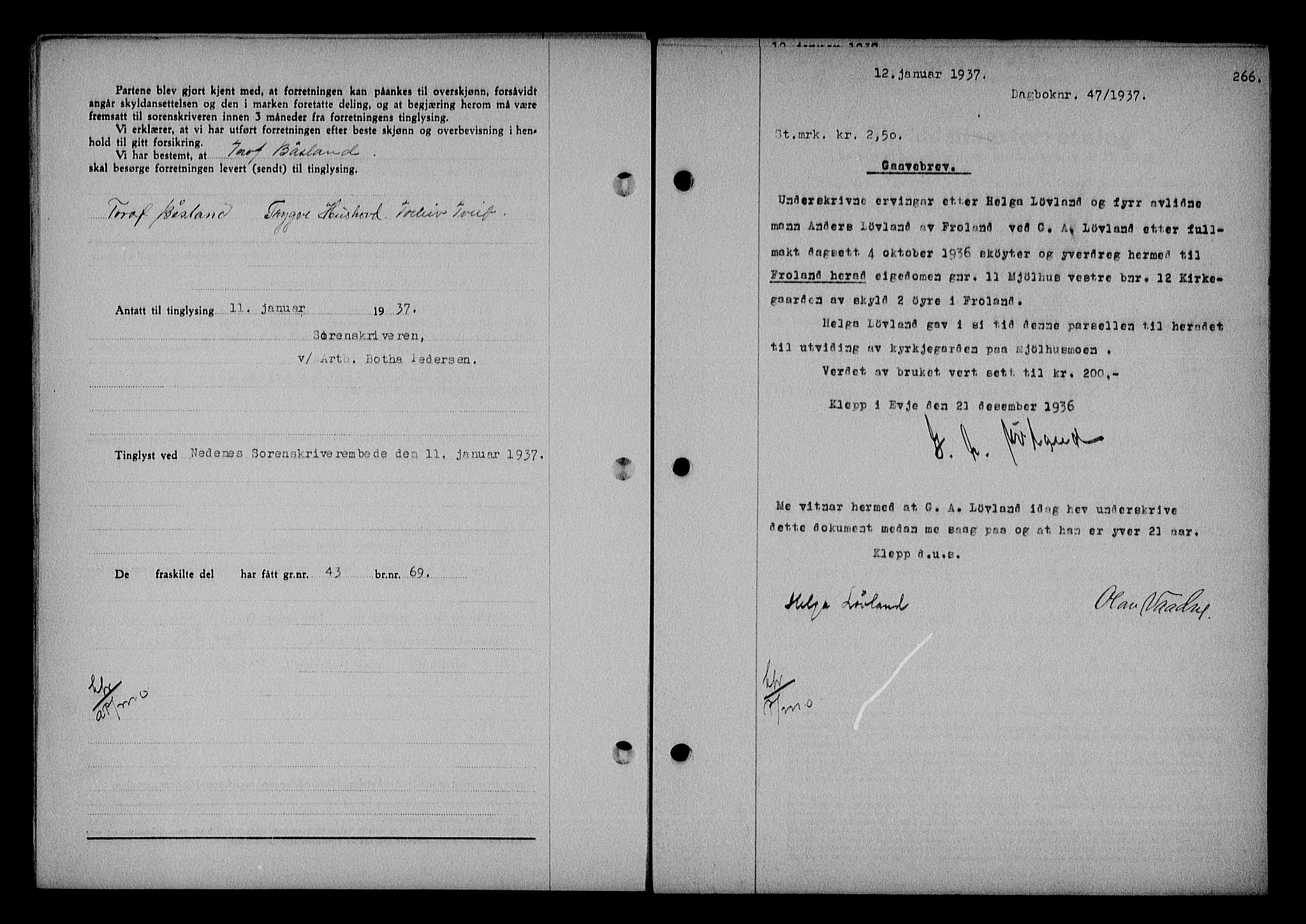 Nedenes sorenskriveri, SAK/1221-0006/G/Gb/Gba/L0043: Mortgage book no. 39, 1936-1937, Diary no: : 47/1937