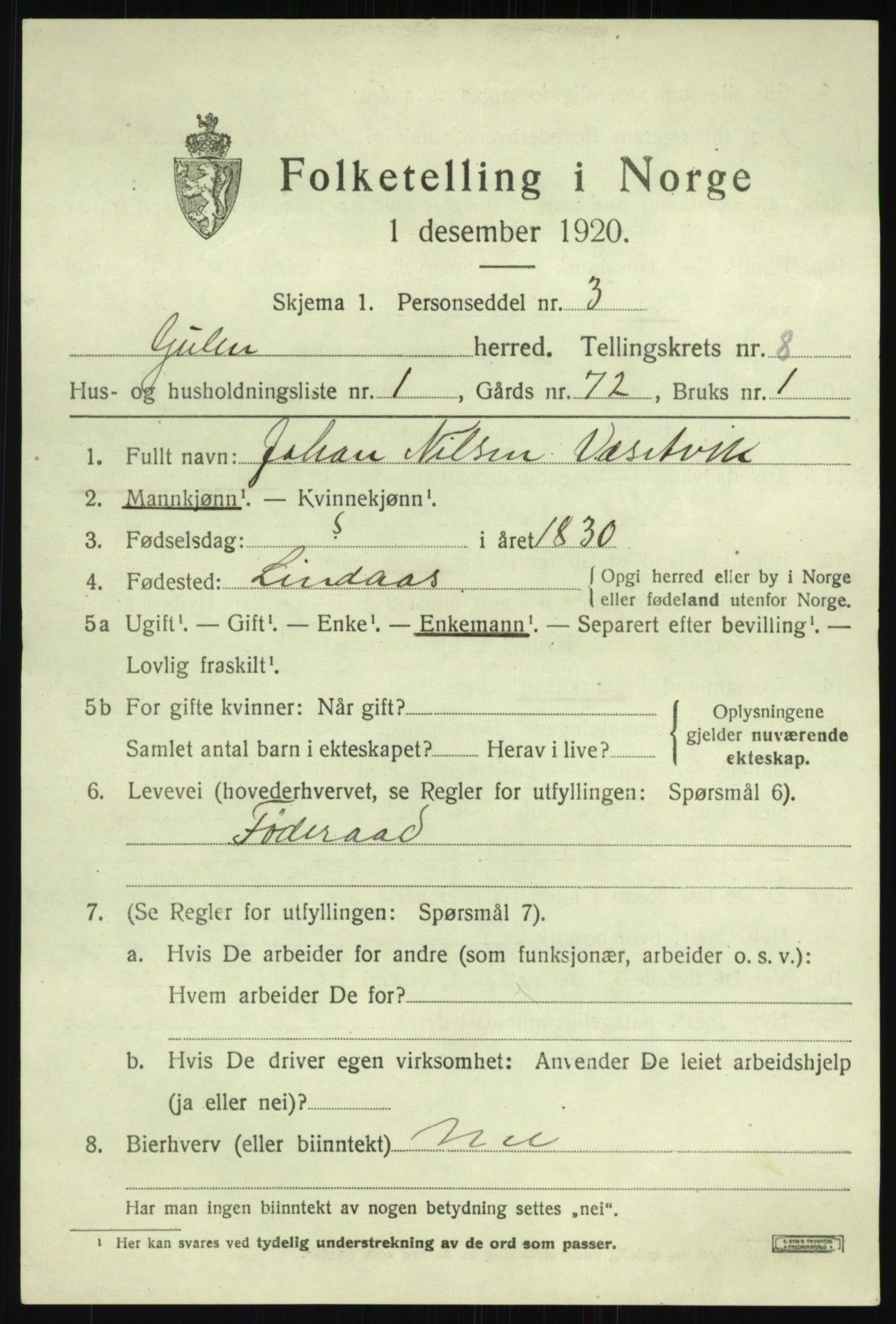 SAB, 1920 census for Gulen, 1920, p. 3499