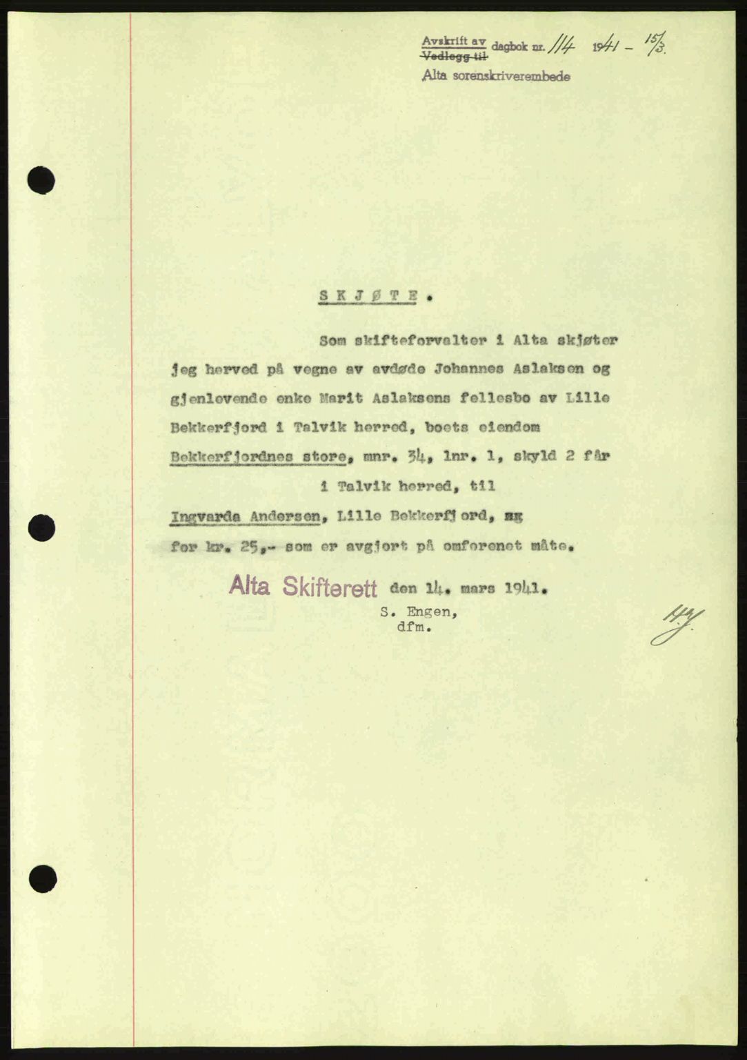 Alta fogderi/sorenskriveri, SATØ/SATØ-5/1/K/Kd/L0033pantebok: Mortgage book no. 33, 1940-1943, Diary no: : 114/1941