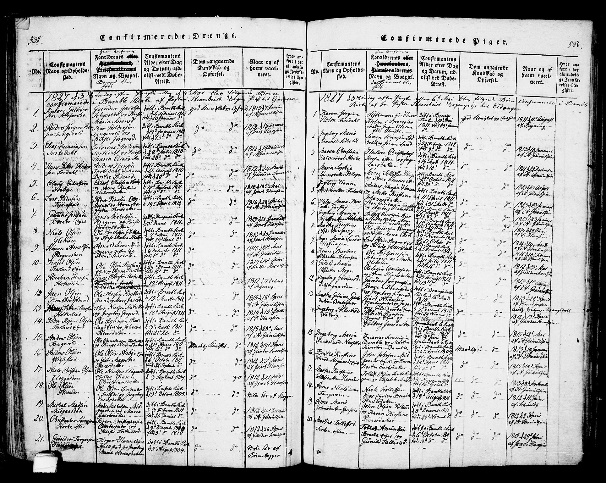 Bamble kirkebøker, SAKO/A-253/F/Fa/L0003: Parish register (official) no. I 3 /1, 1814-1834, p. 535-536