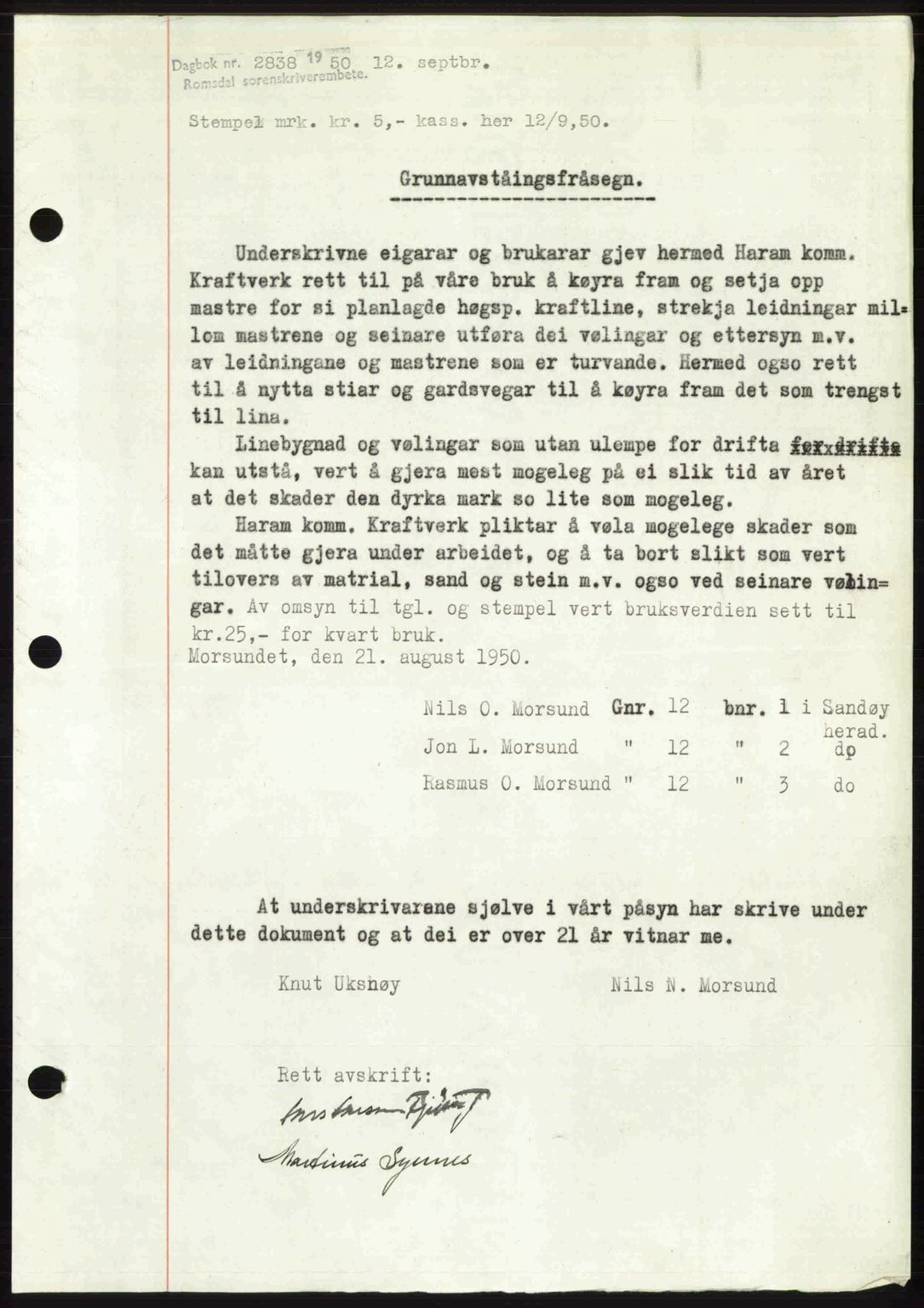 Romsdal sorenskriveri, AV/SAT-A-4149/1/2/2C: Mortgage book no. A34, 1950-1950, Diary no: : 2838/1950