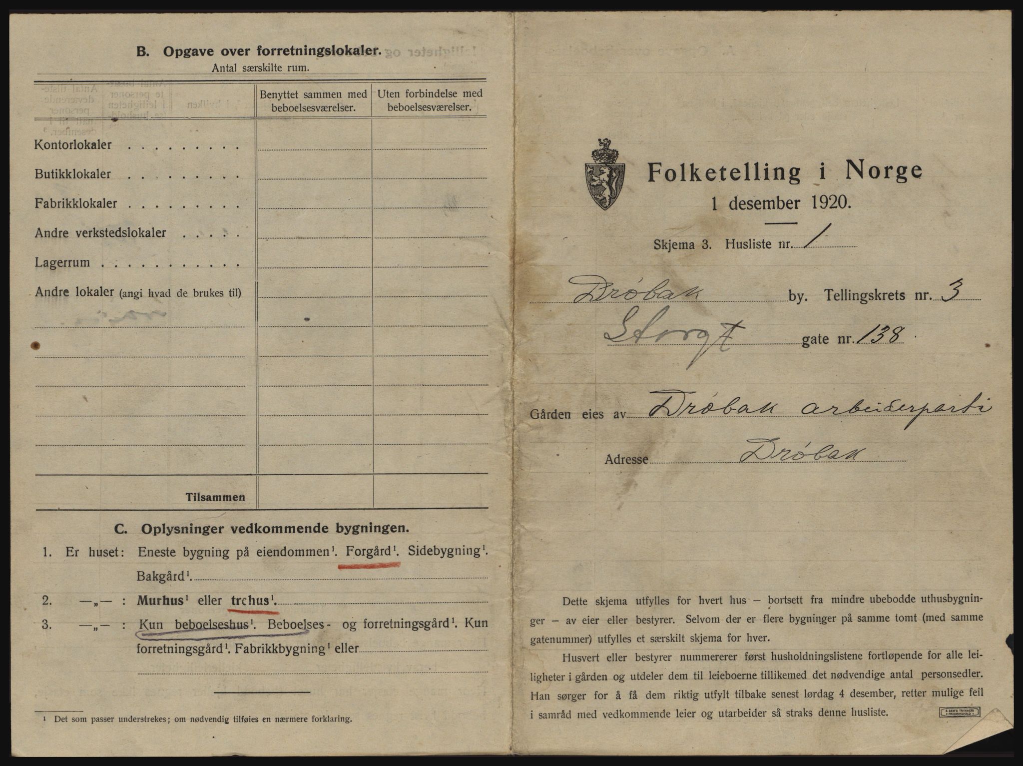 SAO, 1920 census for Drøbak, 1920, p. 257