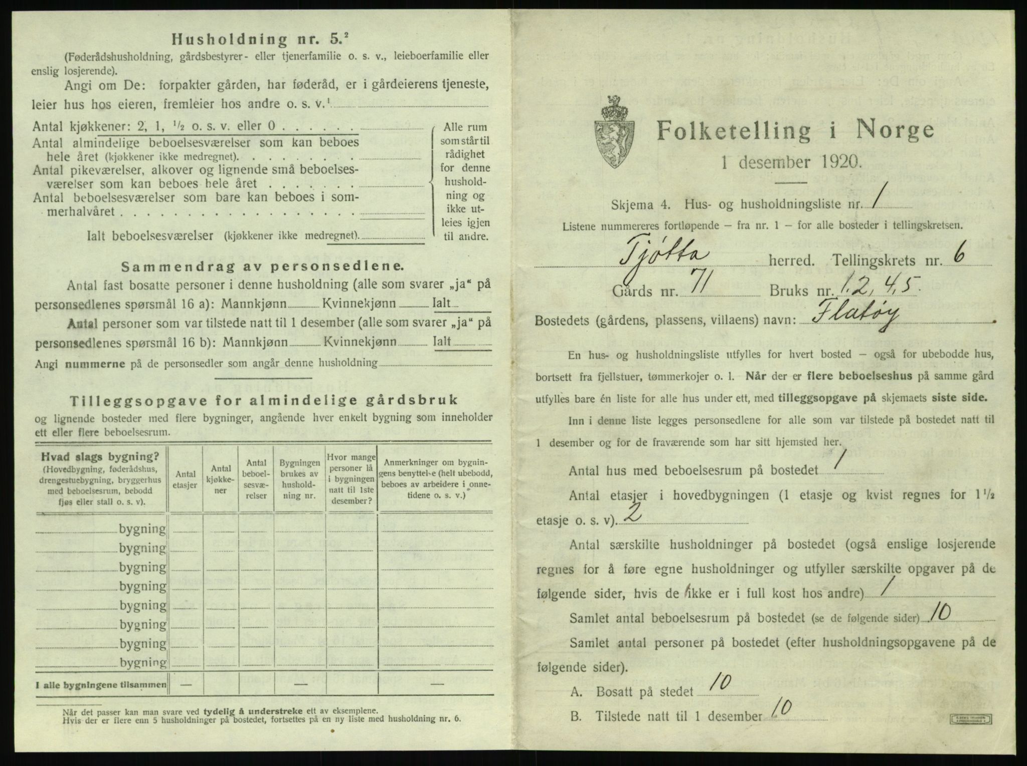 SAT, 1920 census for Tjøtta, 1920, p. 285