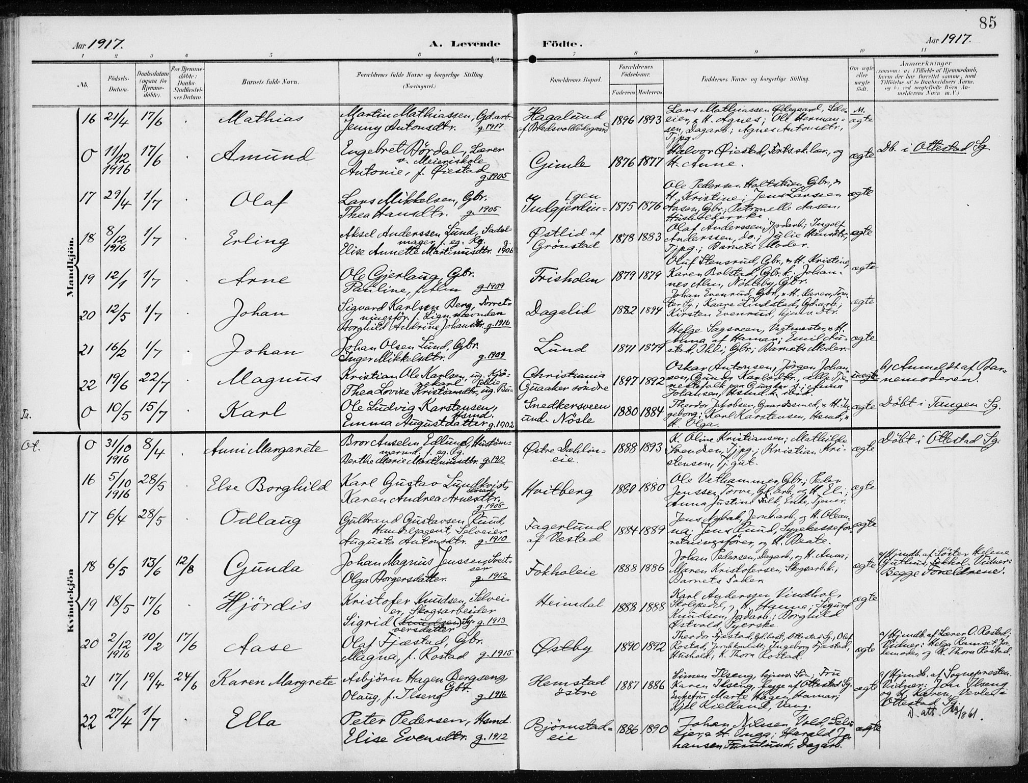 Stange prestekontor, SAH/PREST-002/K/L0024: Parish register (official) no. 24, 1906-1922, p. 85