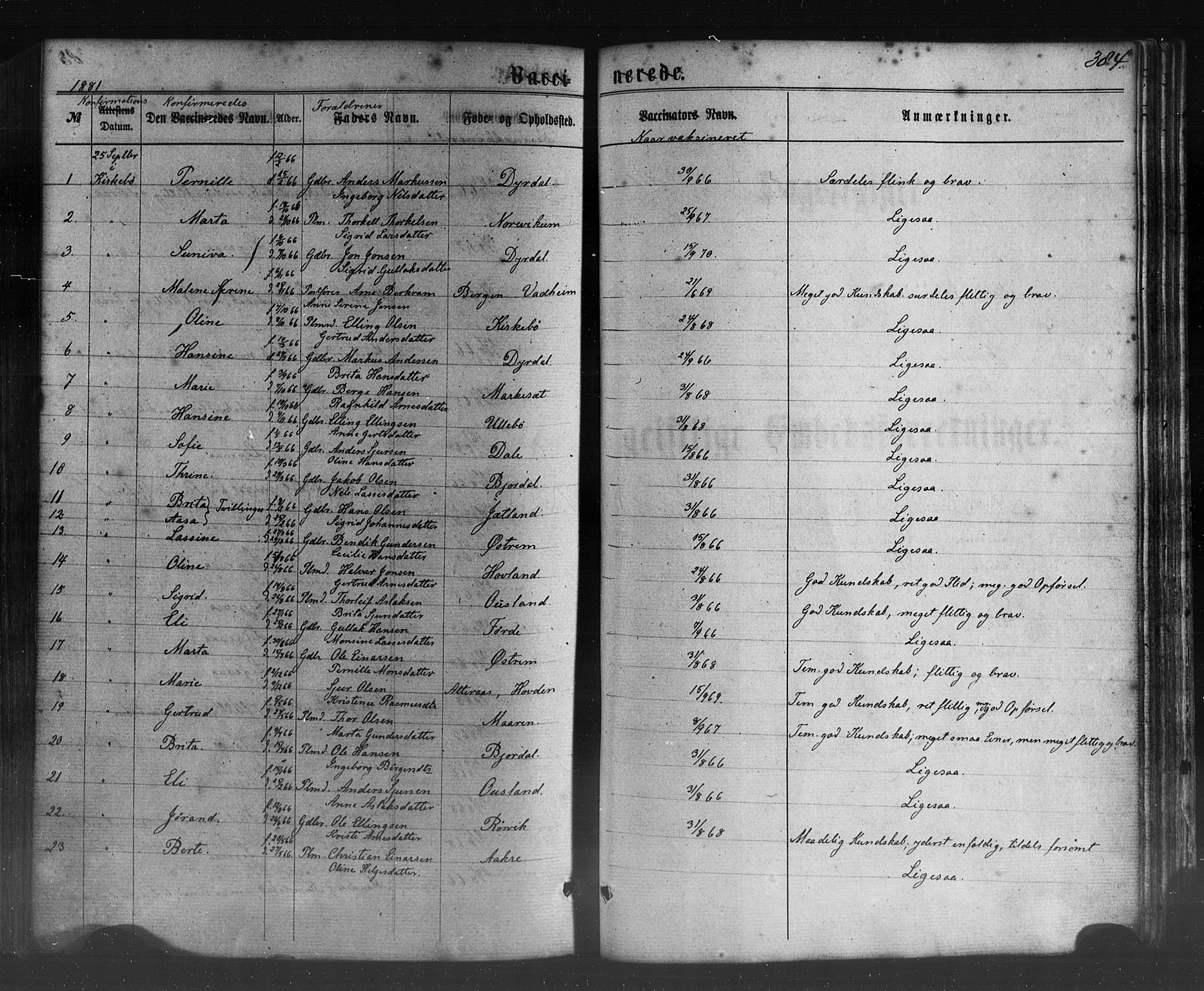 Lavik sokneprestembete, SAB/A-80901: Parish register (official) no. A 4, 1864-1881, p. 384