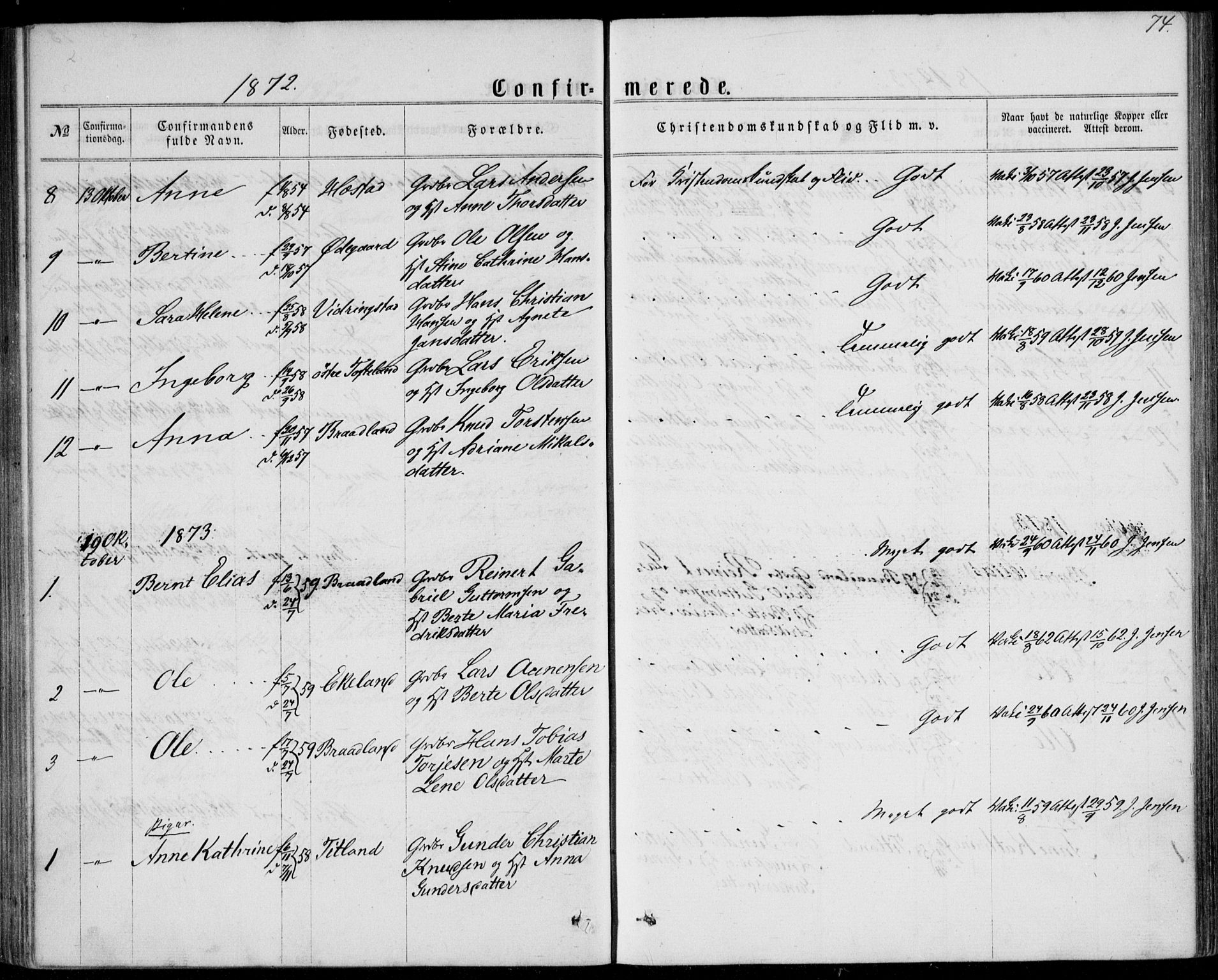 Lyngdal sokneprestkontor, SAK/1111-0029/F/Fa/Fab/L0002: Parish register (official) no. A 2, 1861-1878, p. 74