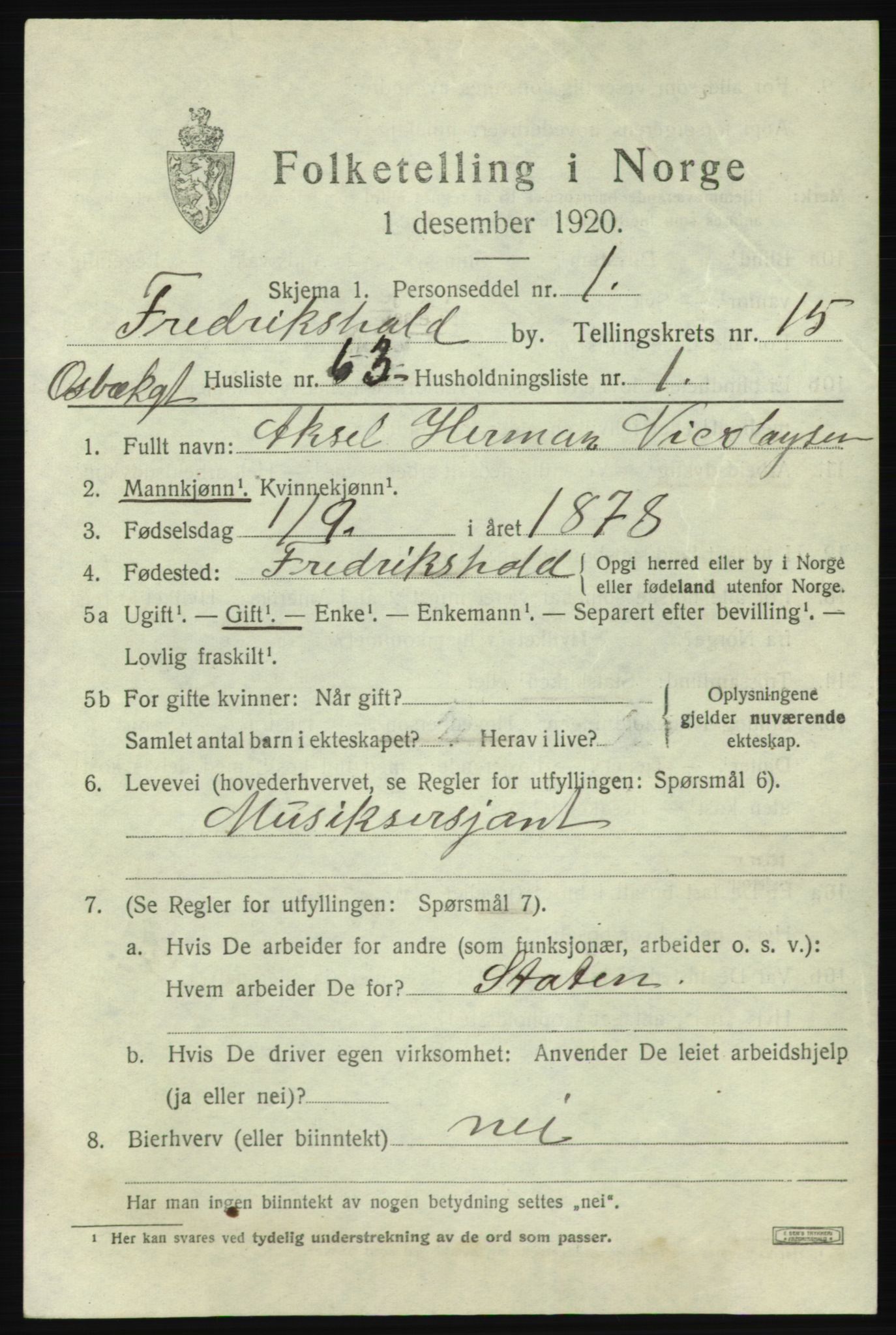 SAO, 1920 census for Fredrikshald, 1920, p. 24620