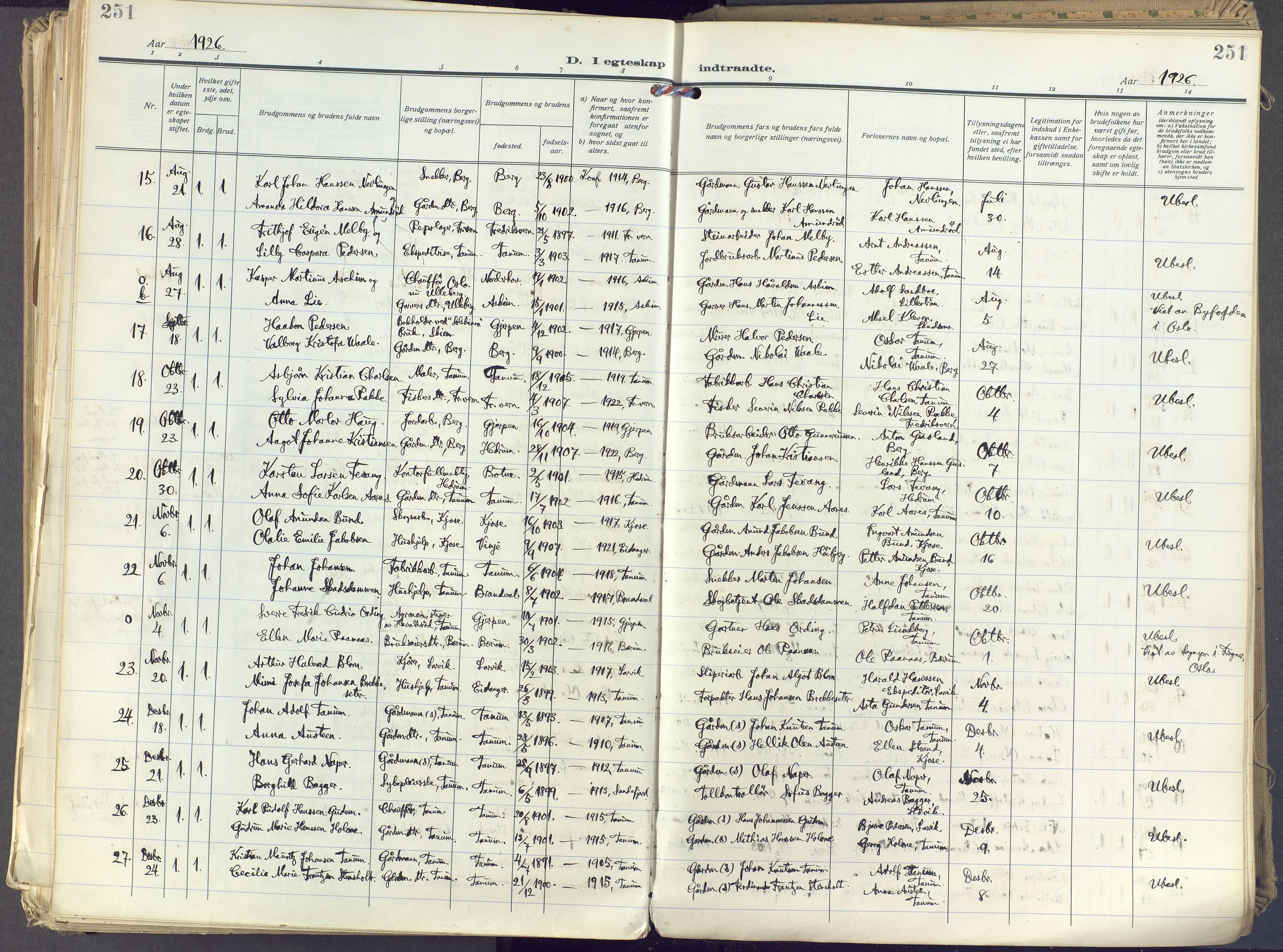 Brunlanes kirkebøker, AV/SAKO-A-342/F/Fc/L0004: Parish register (official) no. III 4, 1923-1943, p. 251