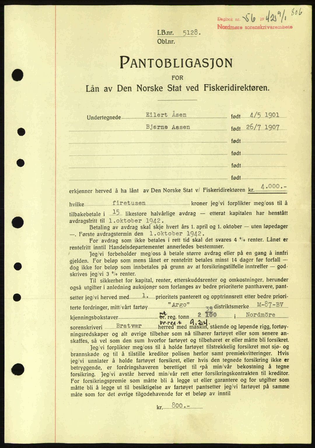 Nordmøre sorenskriveri, AV/SAT-A-4132/1/2/2Ca: Mortgage book no. B88, 1941-1942, Diary no: : 56/1942