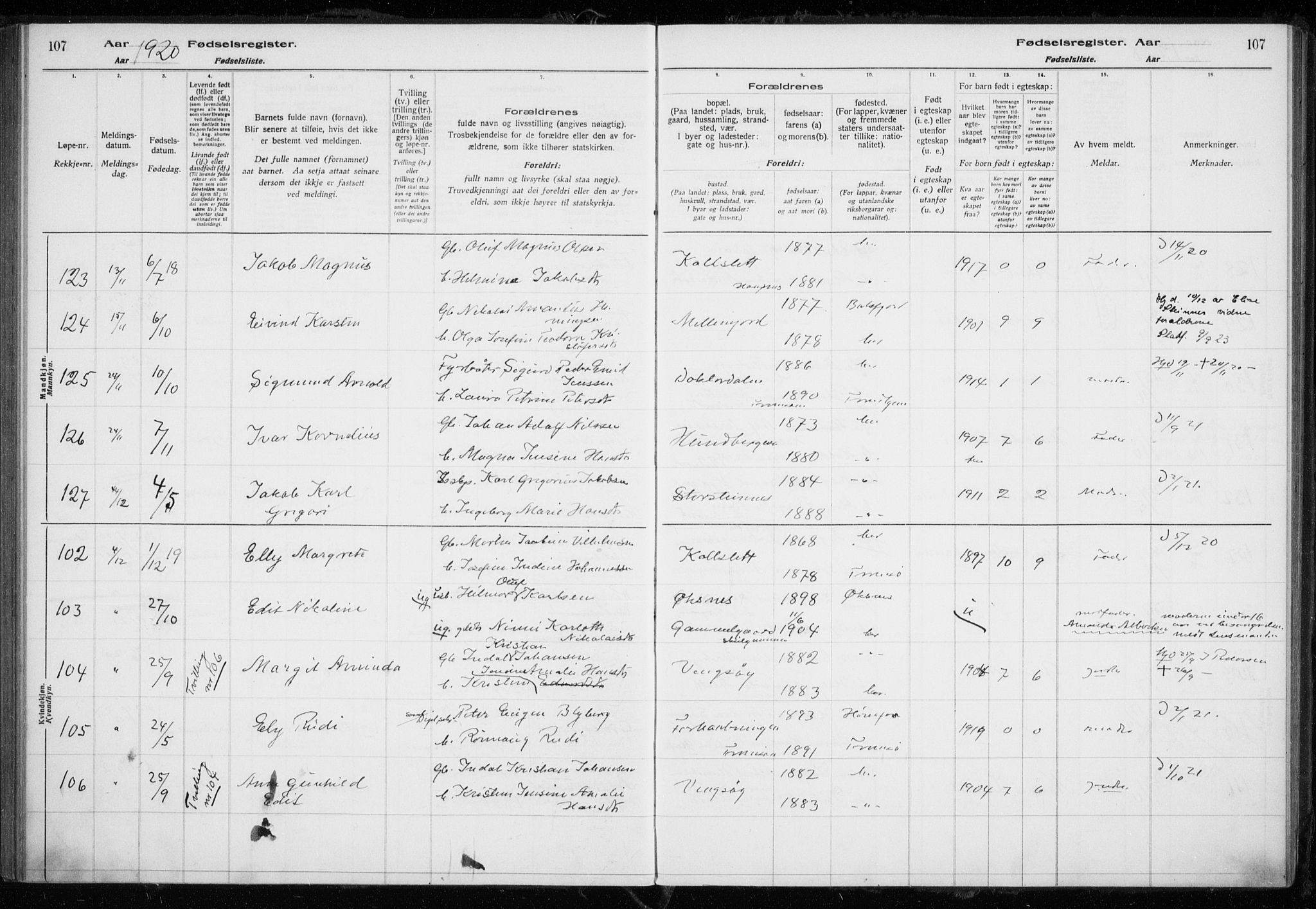 Tromsøysund sokneprestkontor, AV/SATØ-S-1304/H/Ha/L0079: Birth register no. 79, 1916-1924, p. 107