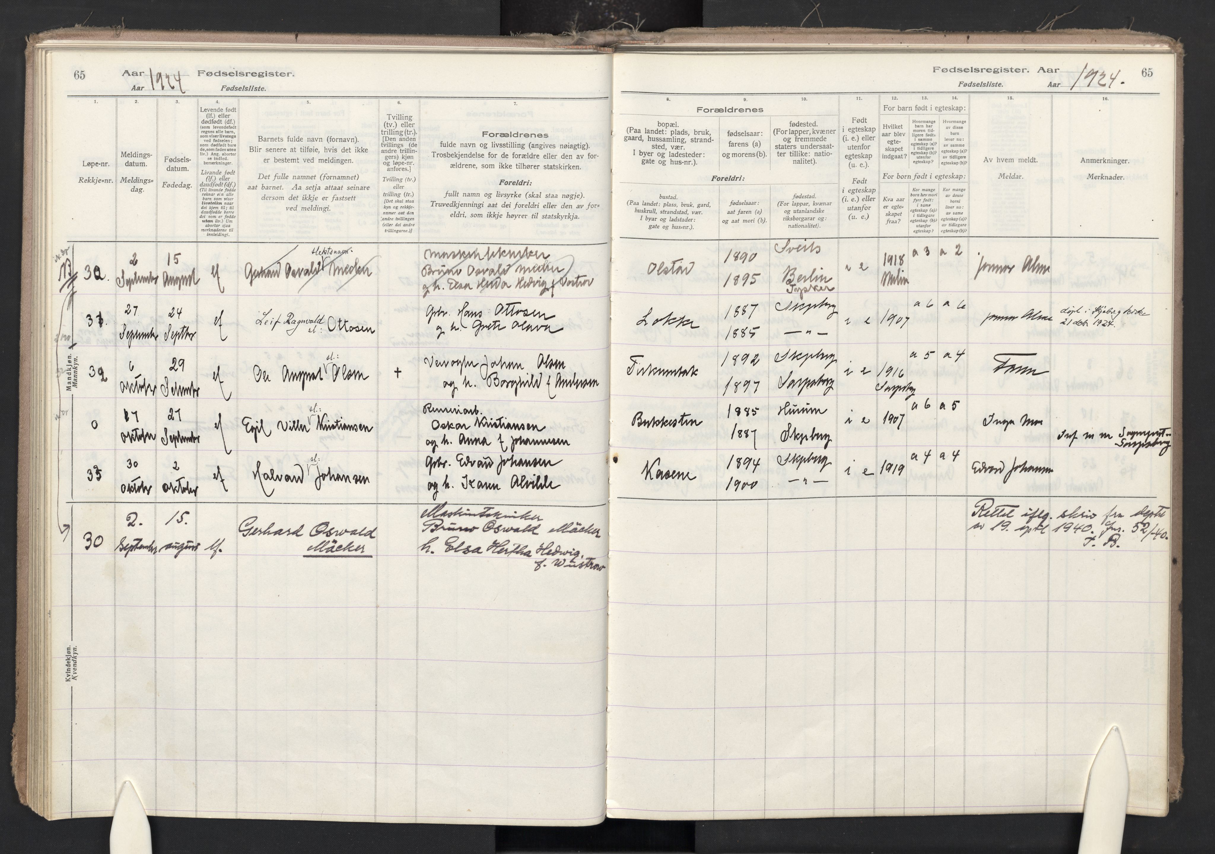 Skjeberg prestekontor Kirkebøker, AV/SAO-A-10923/J/Ja/L0001: Birth register no. I 1, 1916-1945, p. 65