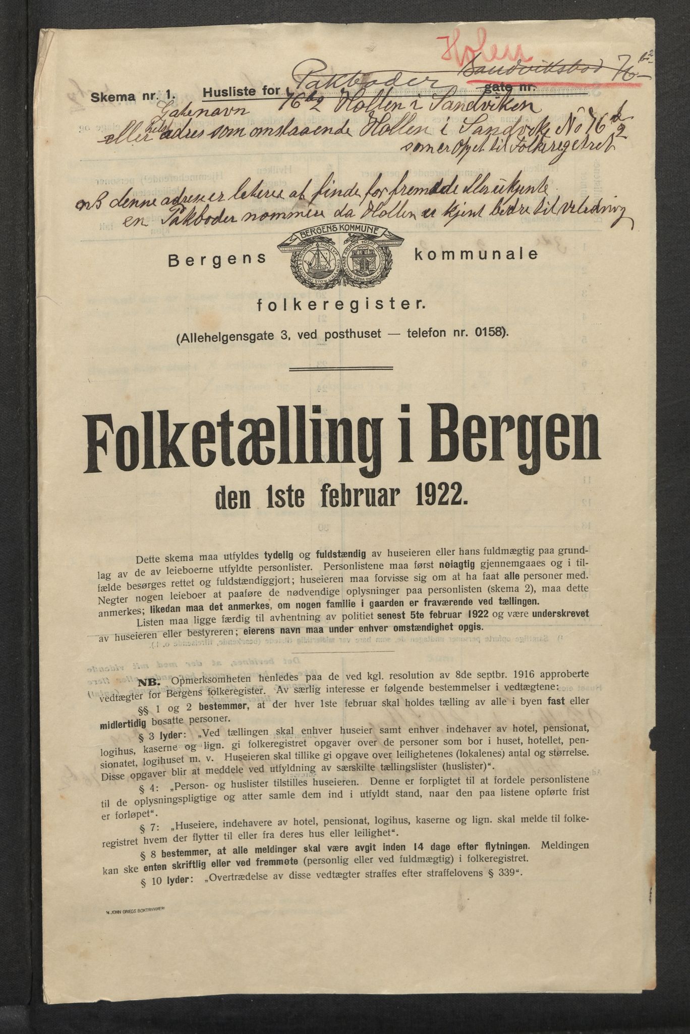 SAB, Municipal Census 1922 for Bergen, 1922, p. 15425