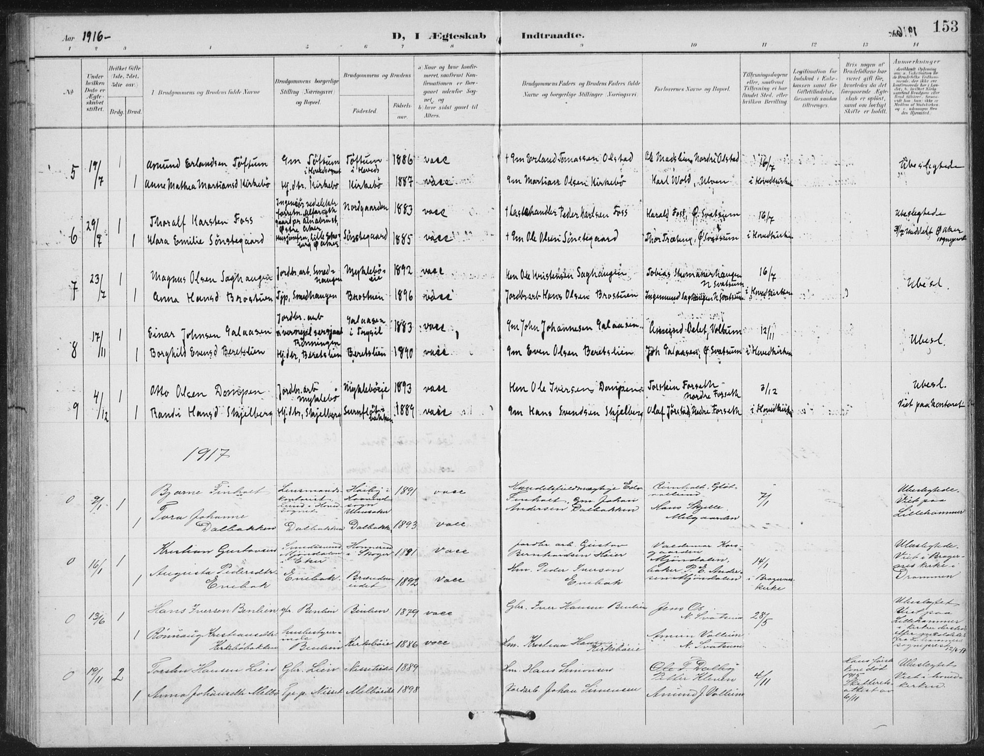 Vestre Gausdal prestekontor, SAH/PREST-094/H/Ha/Hab/L0004: Parish register (copy) no. 4, 1898-1939, p. 153
