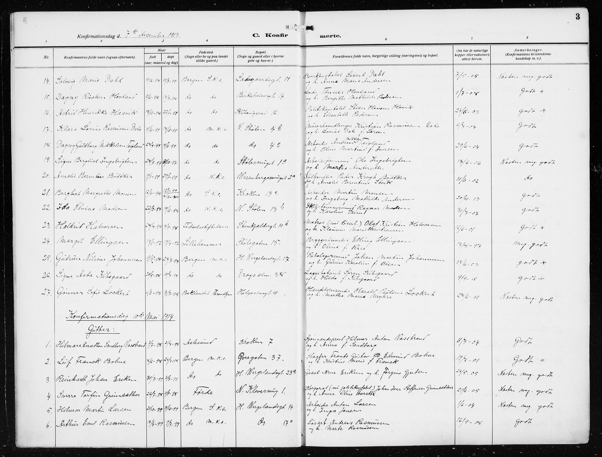 Mariakirken Sokneprestembete, SAB/A-76901/H/Haa/L0015: Parish register (official) no. C 3, 1913-1927, p. 3