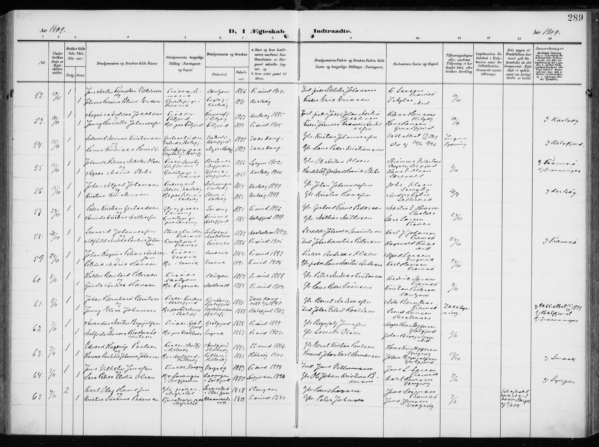 Tromsøysund sokneprestkontor, AV/SATØ-S-1304/G/Ga/L0007kirke: Parish register (official) no. 7, 1907-1914, p. 289