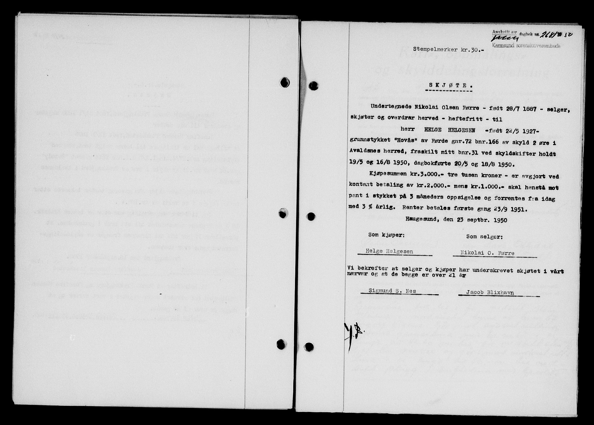Karmsund sorenskriveri, SAST/A-100311/01/II/IIB/L0101: Mortgage book no. 81A, 1950-1951, Diary no: : 2681/1950