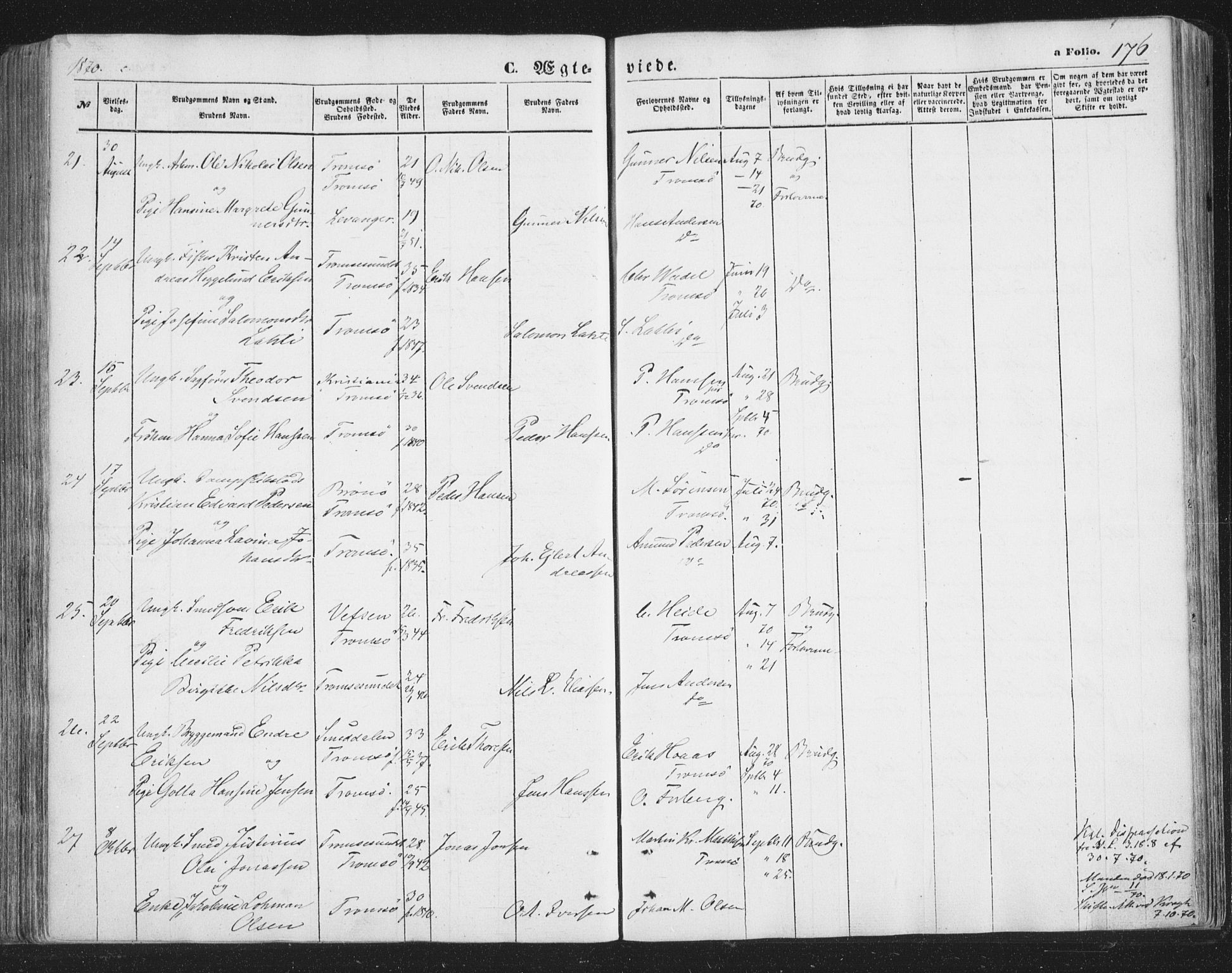 Tromsø sokneprestkontor/stiftsprosti/domprosti, AV/SATØ-S-1343/G/Ga/L0012kirke: Parish register (official) no. 12, 1865-1871, p. 176