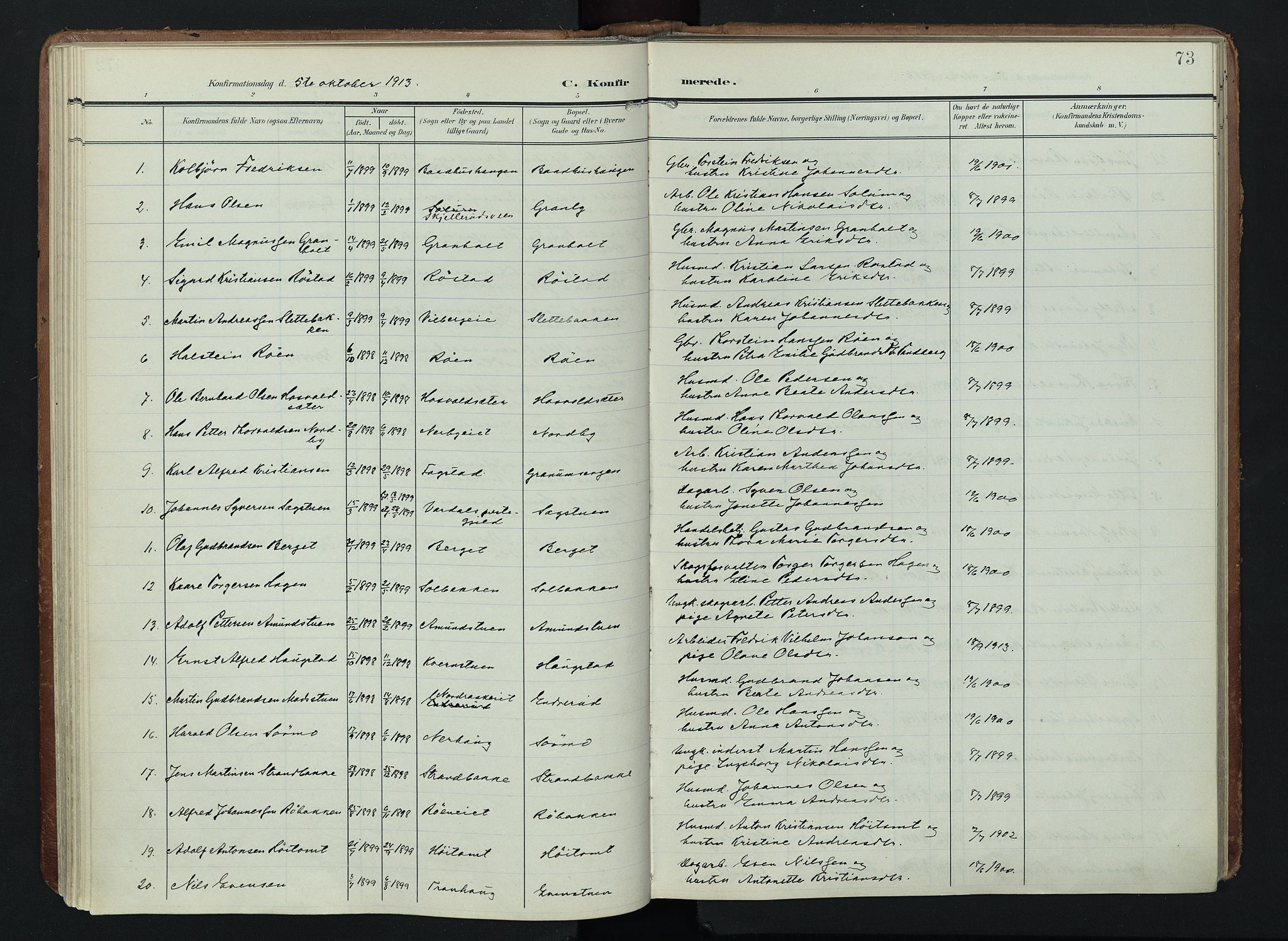 Søndre Land prestekontor, AV/SAH-PREST-122/K/L0005: Parish register (official) no. 5, 1905-1914, p. 73