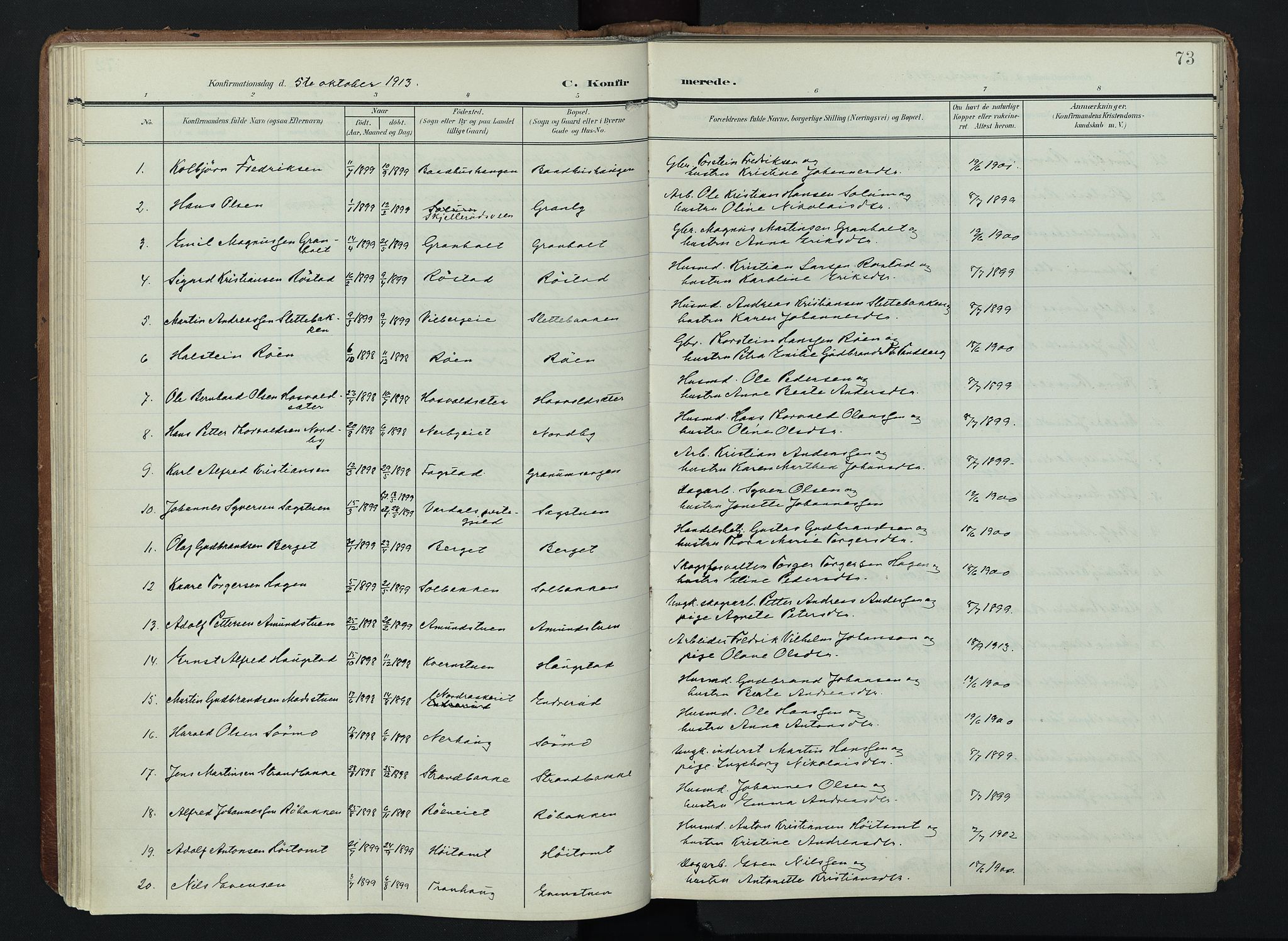 Søndre Land prestekontor, SAH/PREST-122/K/L0005: Parish register (official) no. 5, 1905-1914, p. 73