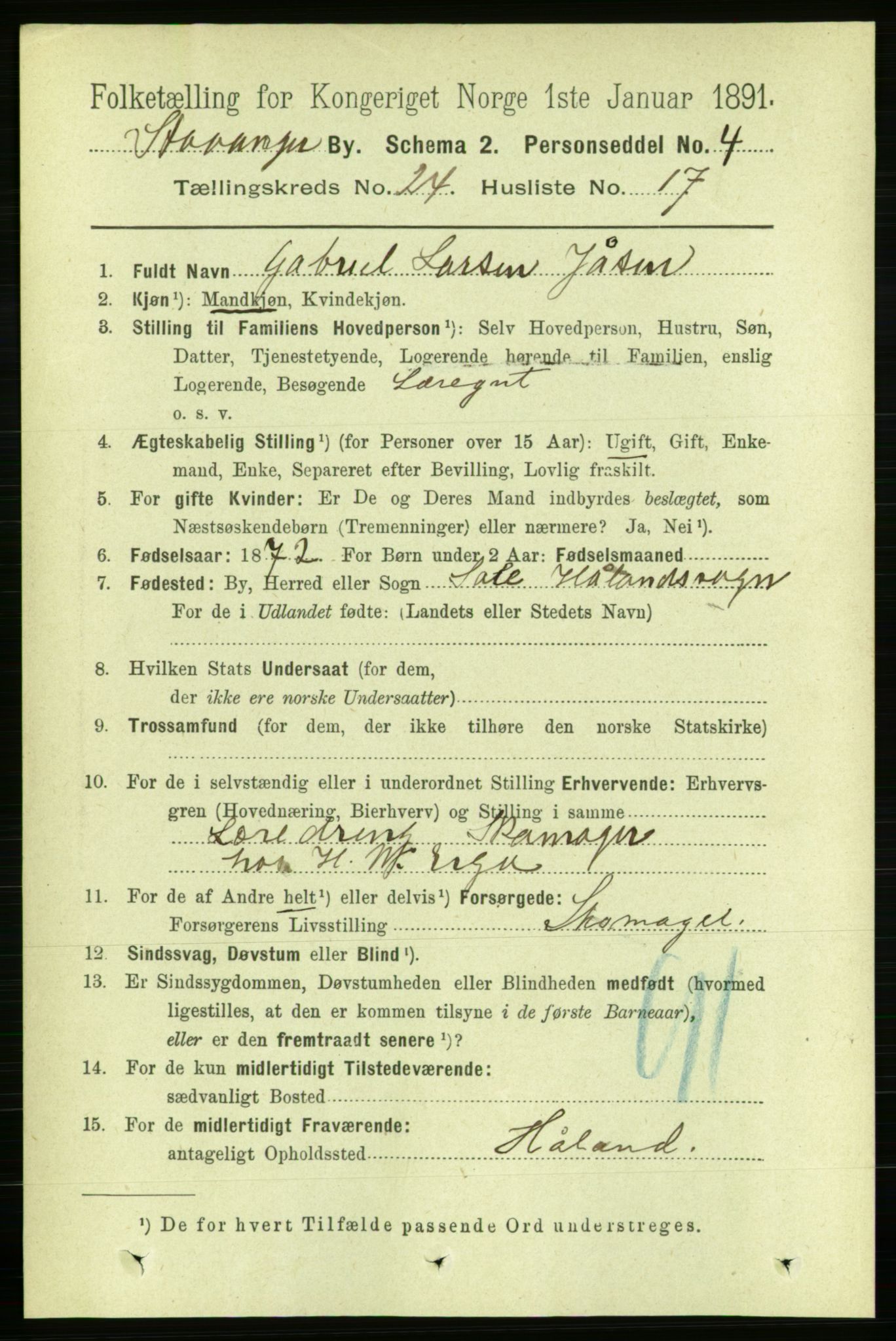 RA, 1891 census for 1103 Stavanger, 1891, p. 26496