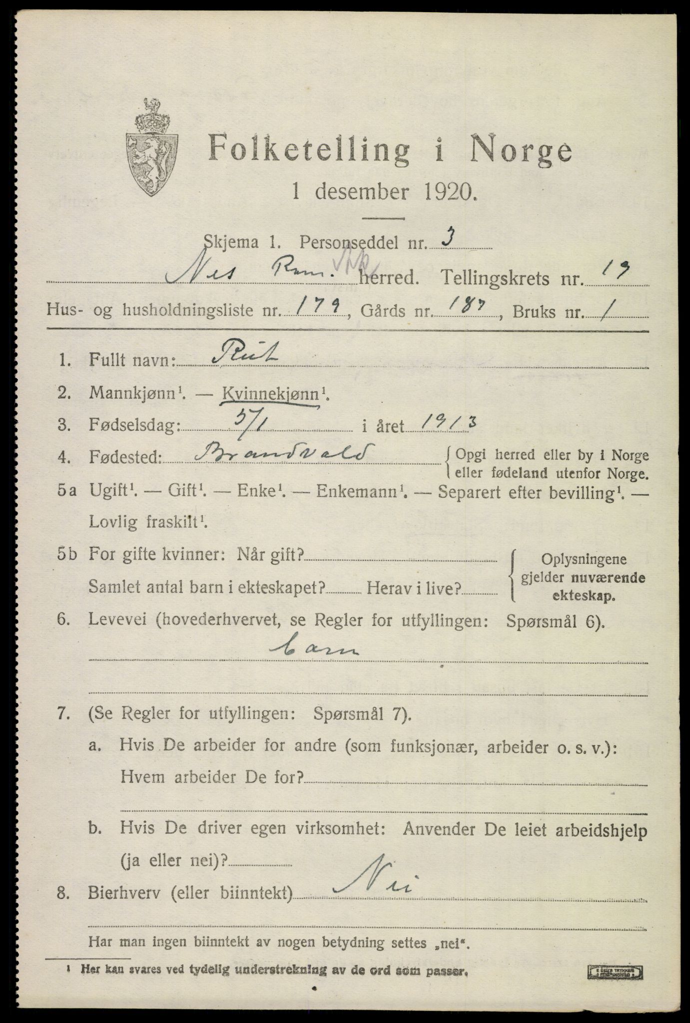 SAO, 1920 census for Nes, 1920, p. 21058