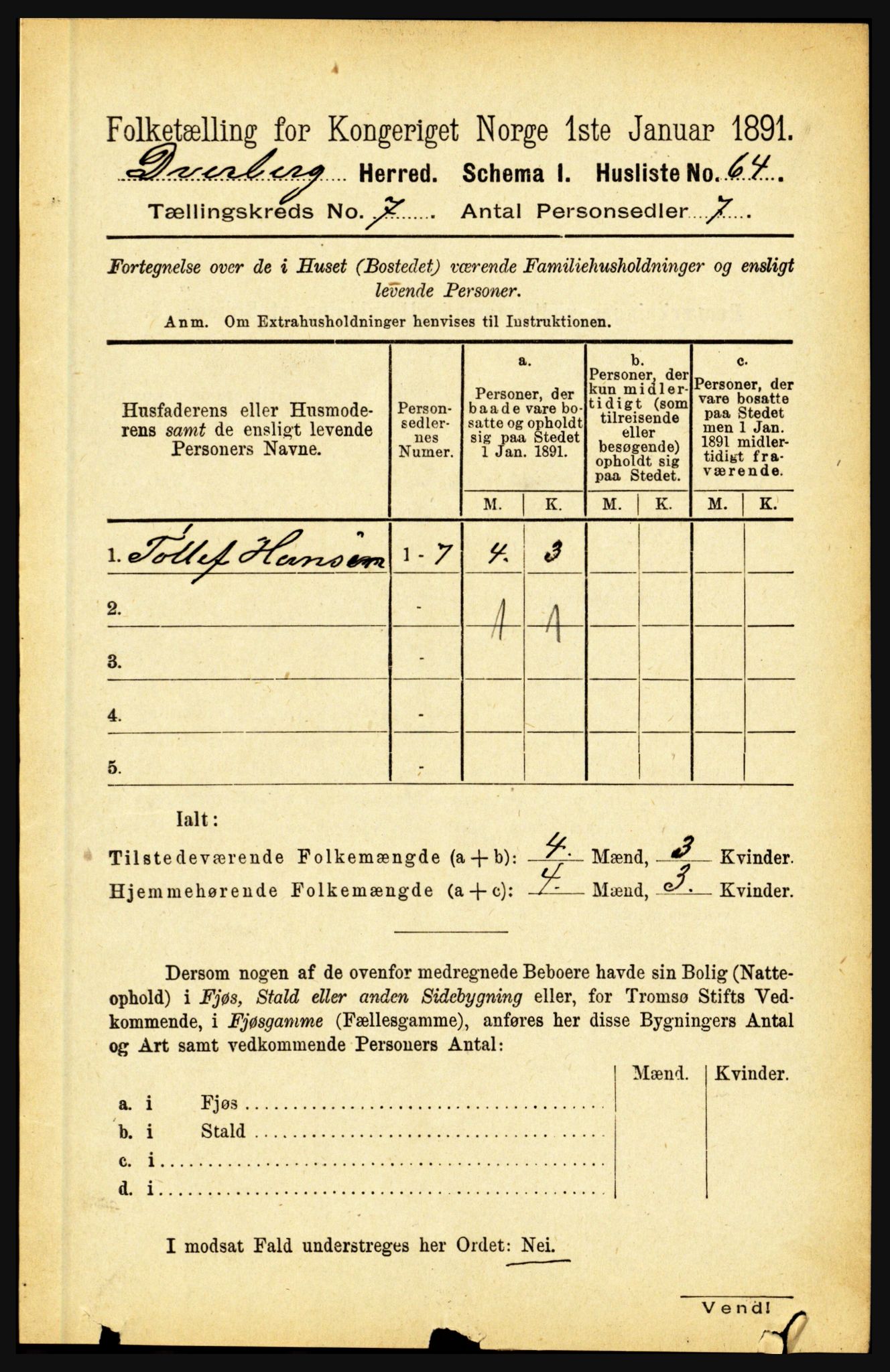 RA, 1891 census for 1872 Dverberg, 1891, p. 2568