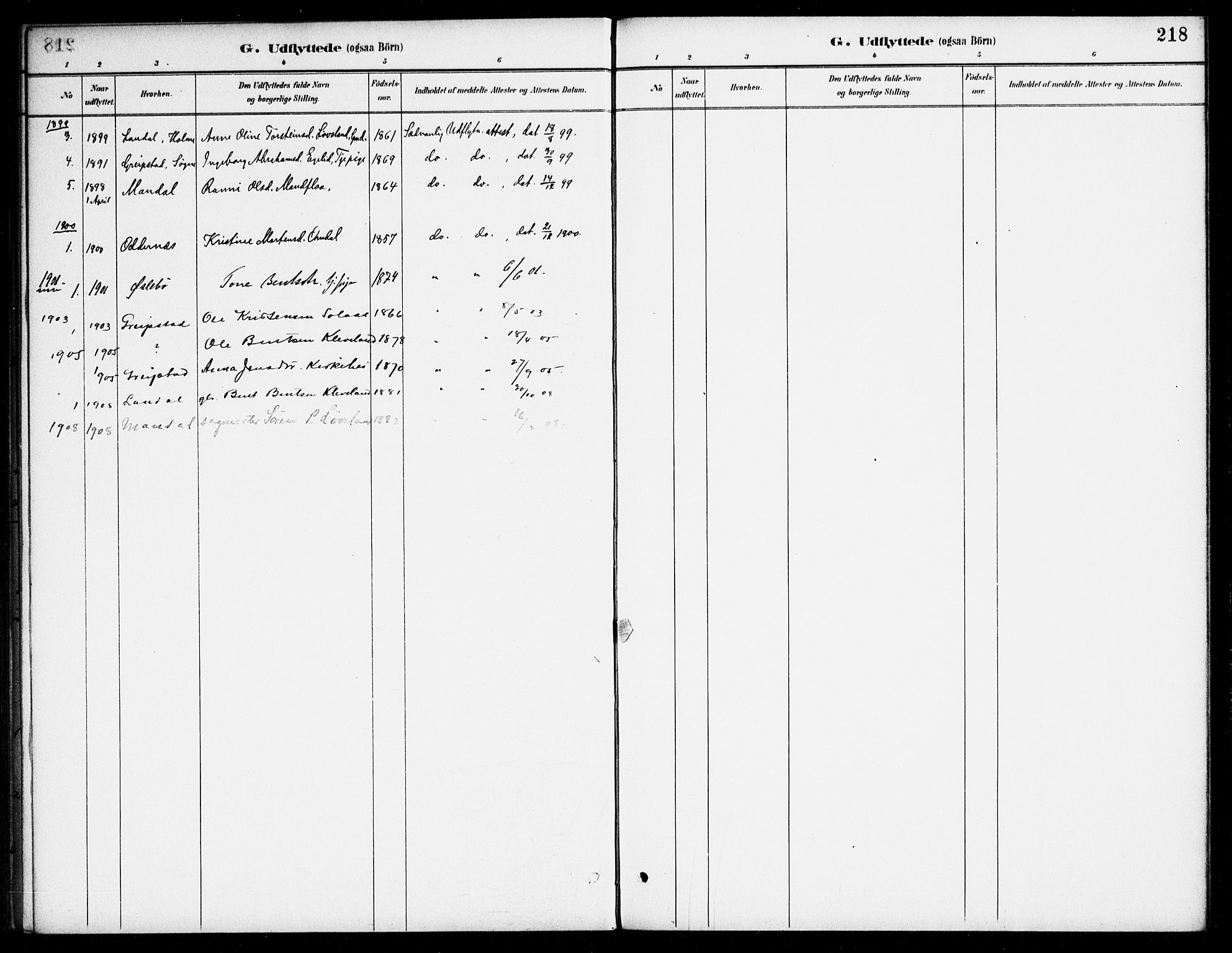 Bjelland sokneprestkontor, SAK/1111-0005/F/Fa/Fab/L0004: Parish register (official) no. A 4, 1887-1920, p. 218