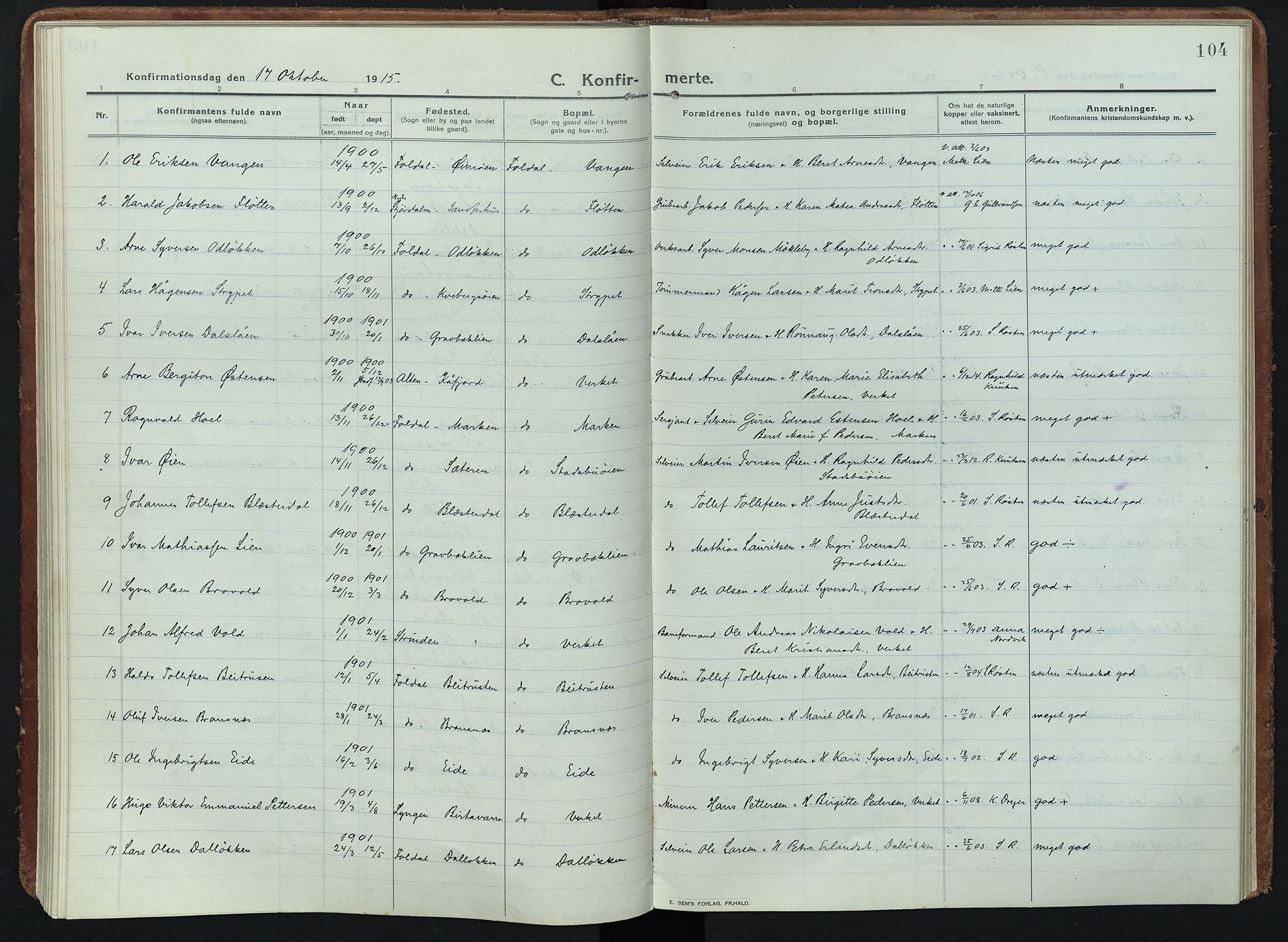 Alvdal prestekontor, SAH/PREST-060/H/Ha/Haa/L0005: Parish register (official) no. 5, 1913-1930, p. 104