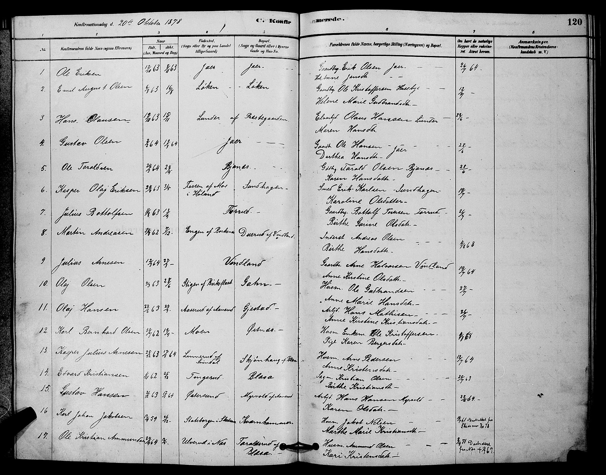 Fet prestekontor Kirkebøker, AV/SAO-A-10370a/G/Ga/L0006: Parish register (copy) no. I 6, 1878-1891, p. 120