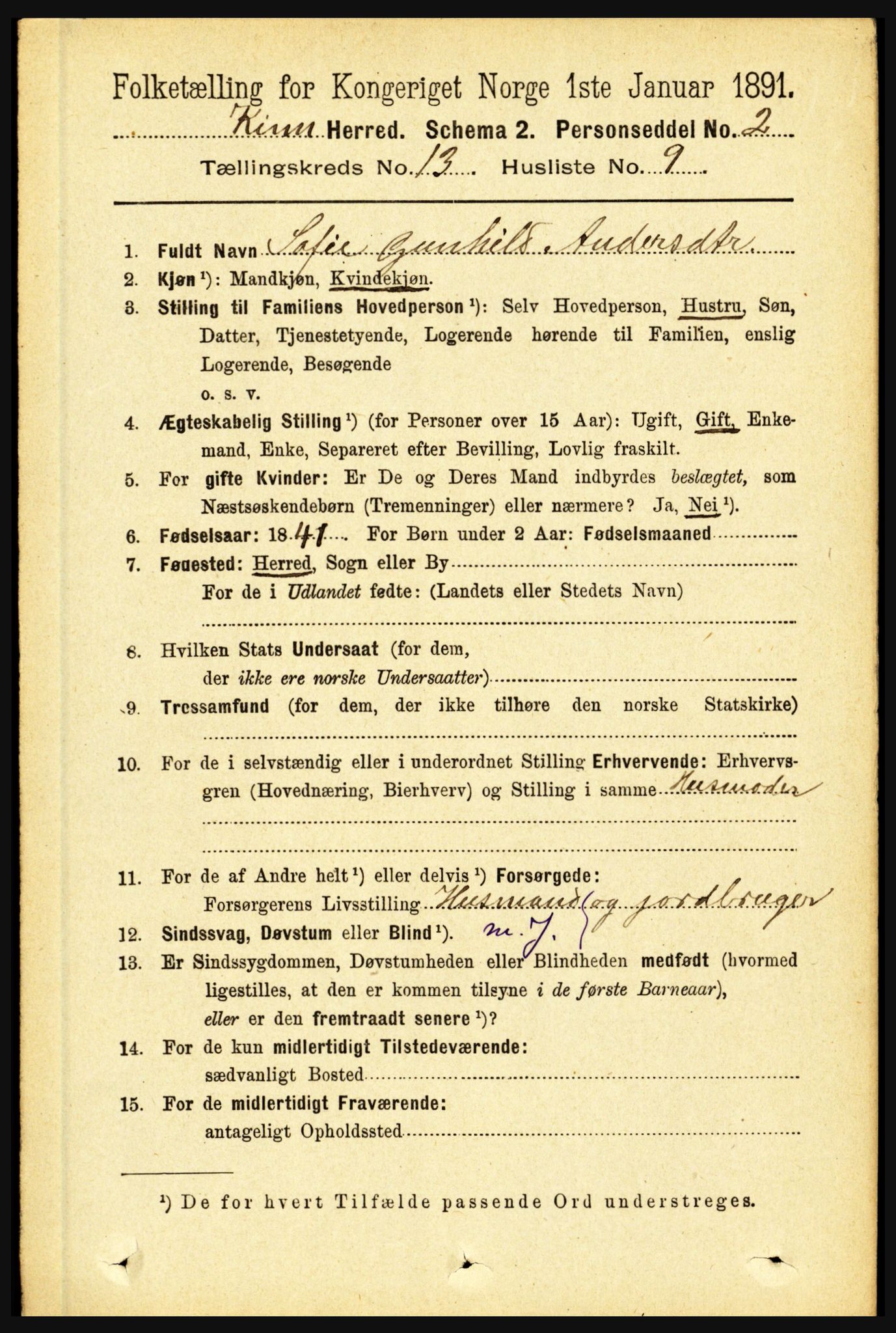 RA, 1891 census for 1437 Kinn, 1891, p. 5116
