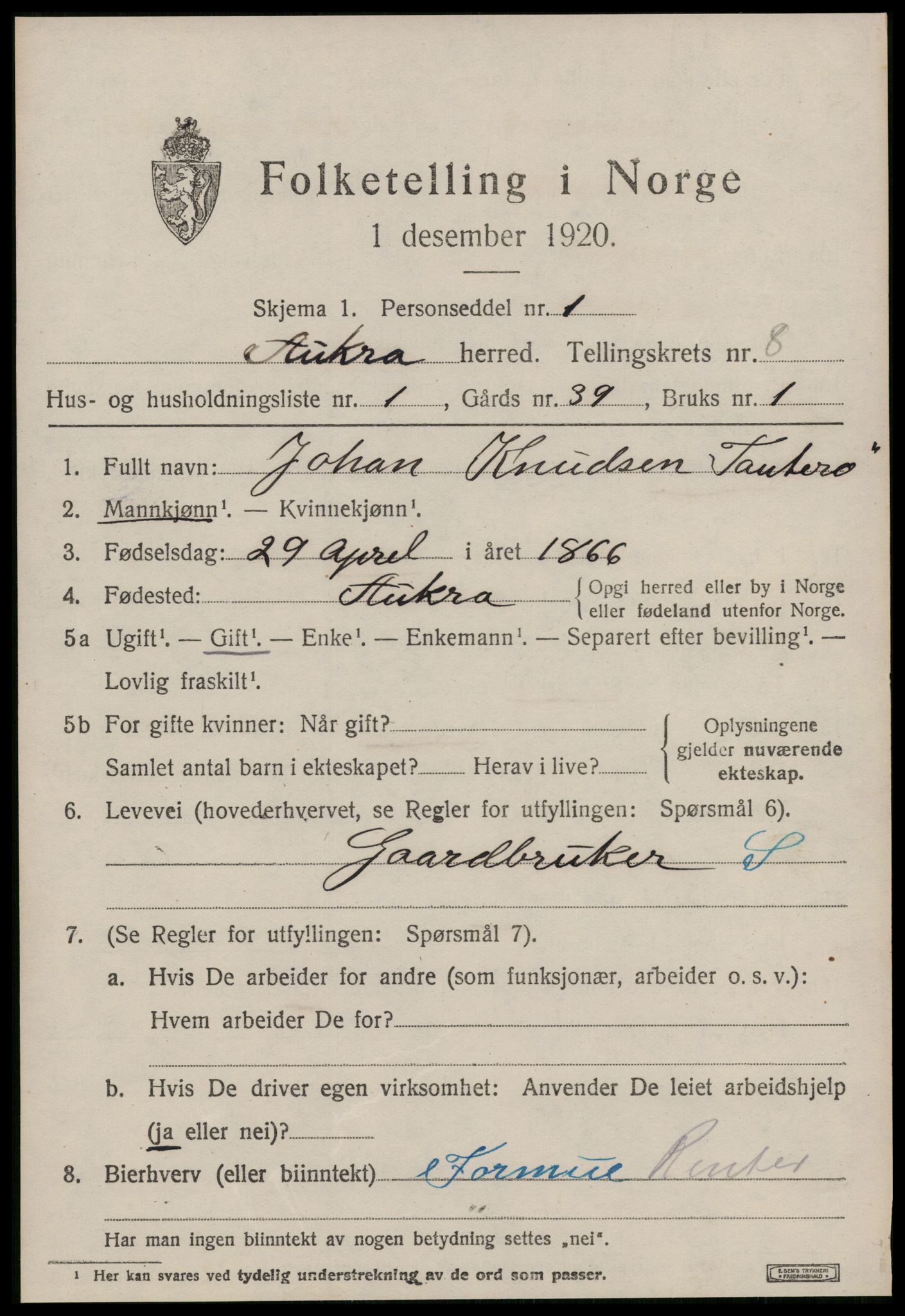 SAT, 1920 census for Aukra, 1920, p. 4469